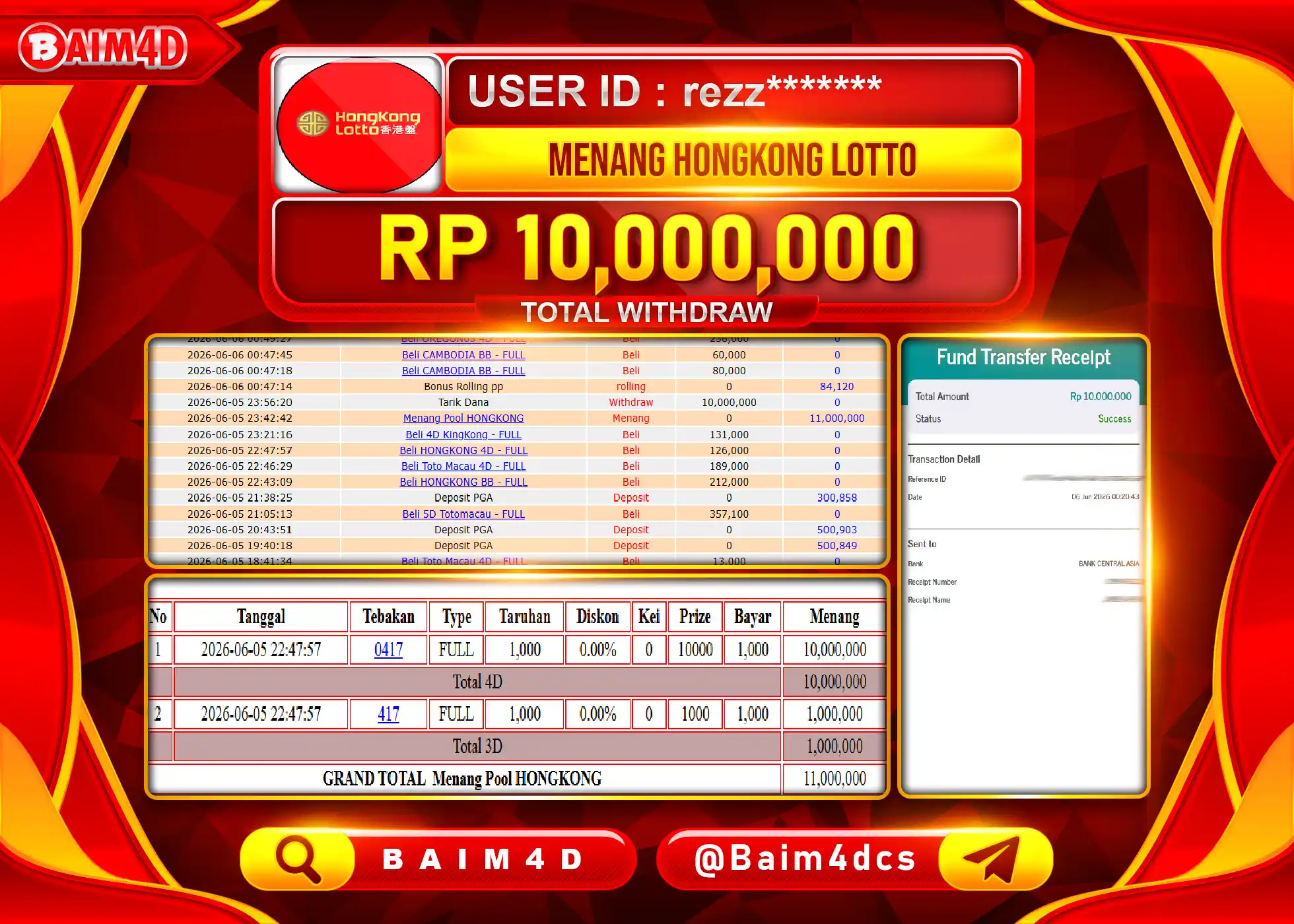 BAIM4D JACKPOT TOGEL HONGKONG LOTTO Rp.10,000,000 - LUNAS