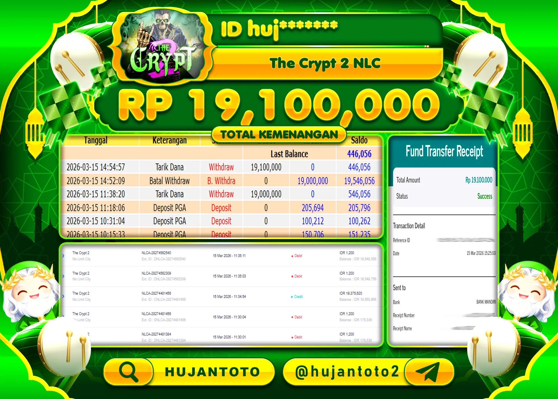 HUJANTOTO - BUKTI JACKPOT MENANG SLOT THE CRYPT 2 NO LIMIT CITY Rp.19,100,000 - TERBAYAR LUNAS