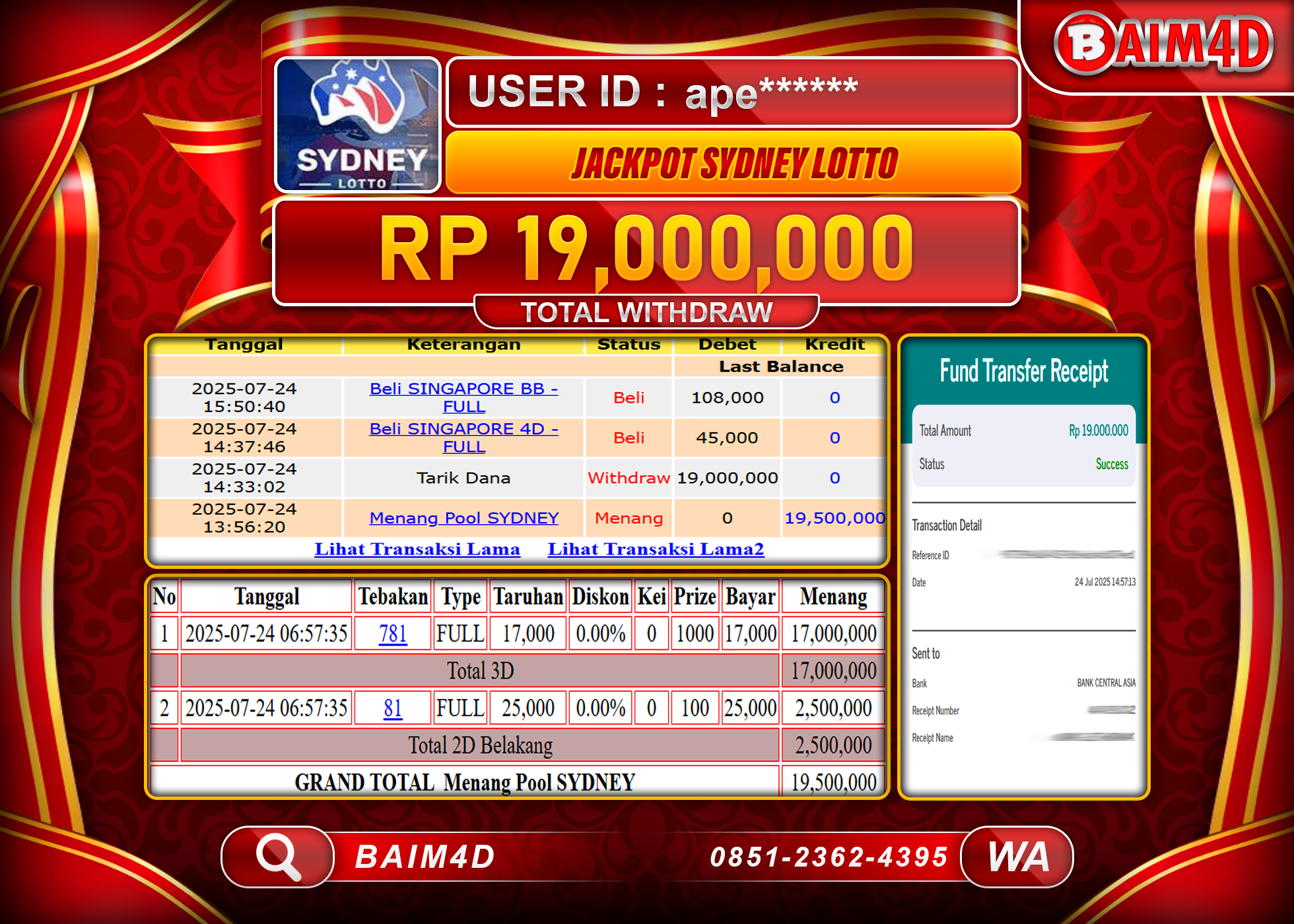 BAIM4D JACKPOT TOGEL SYDNEY LOTTO GAMES  Rp.19,000,000.- LUNAS