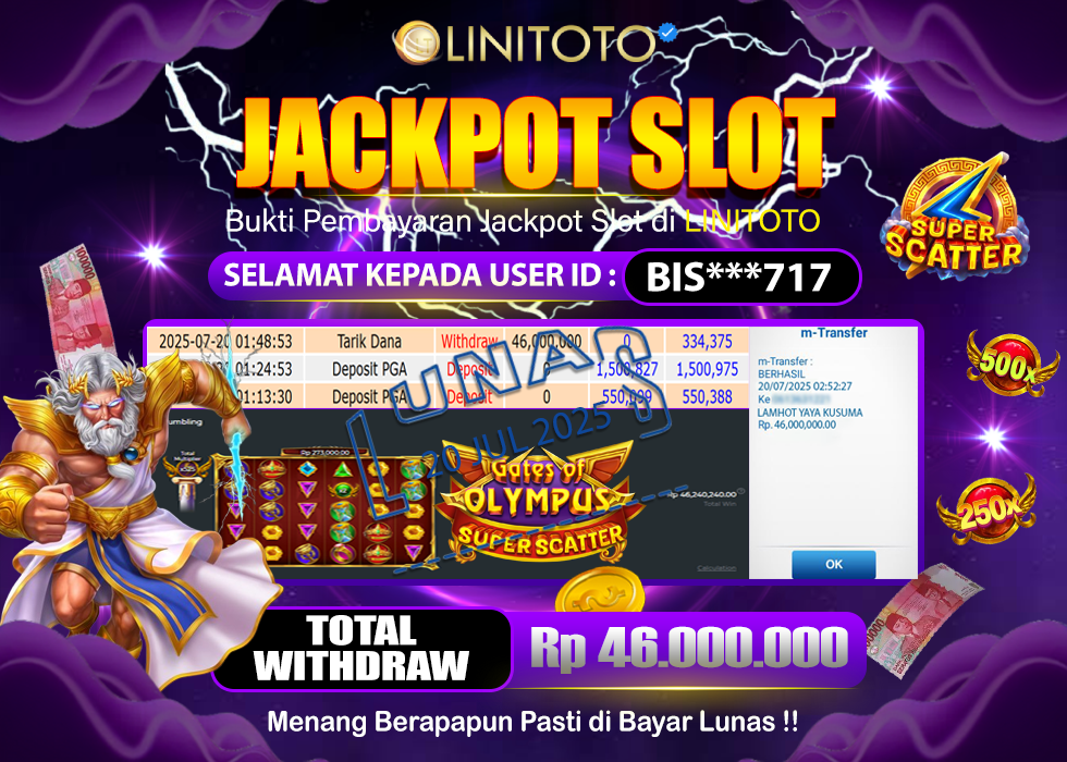 LINITOTO JACKPOT SLOT GATES OF OLYMPUS SUPER SCATTER Rp.46.00.000,- LUNAS