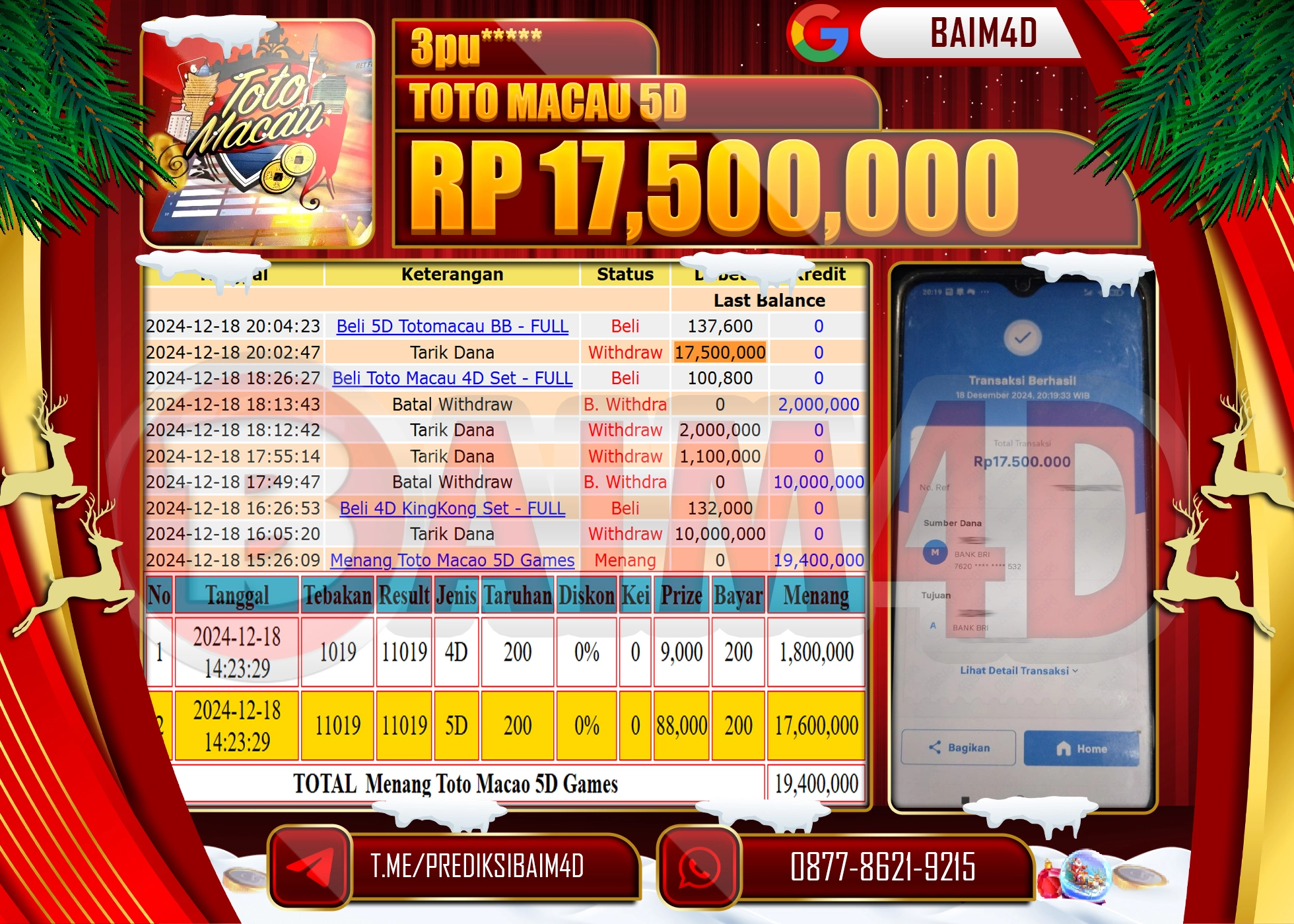 BAIM4D JACKPOT MENANG TOTO MACAU 5D POOLS Rp.17,500,000.- LUNAS