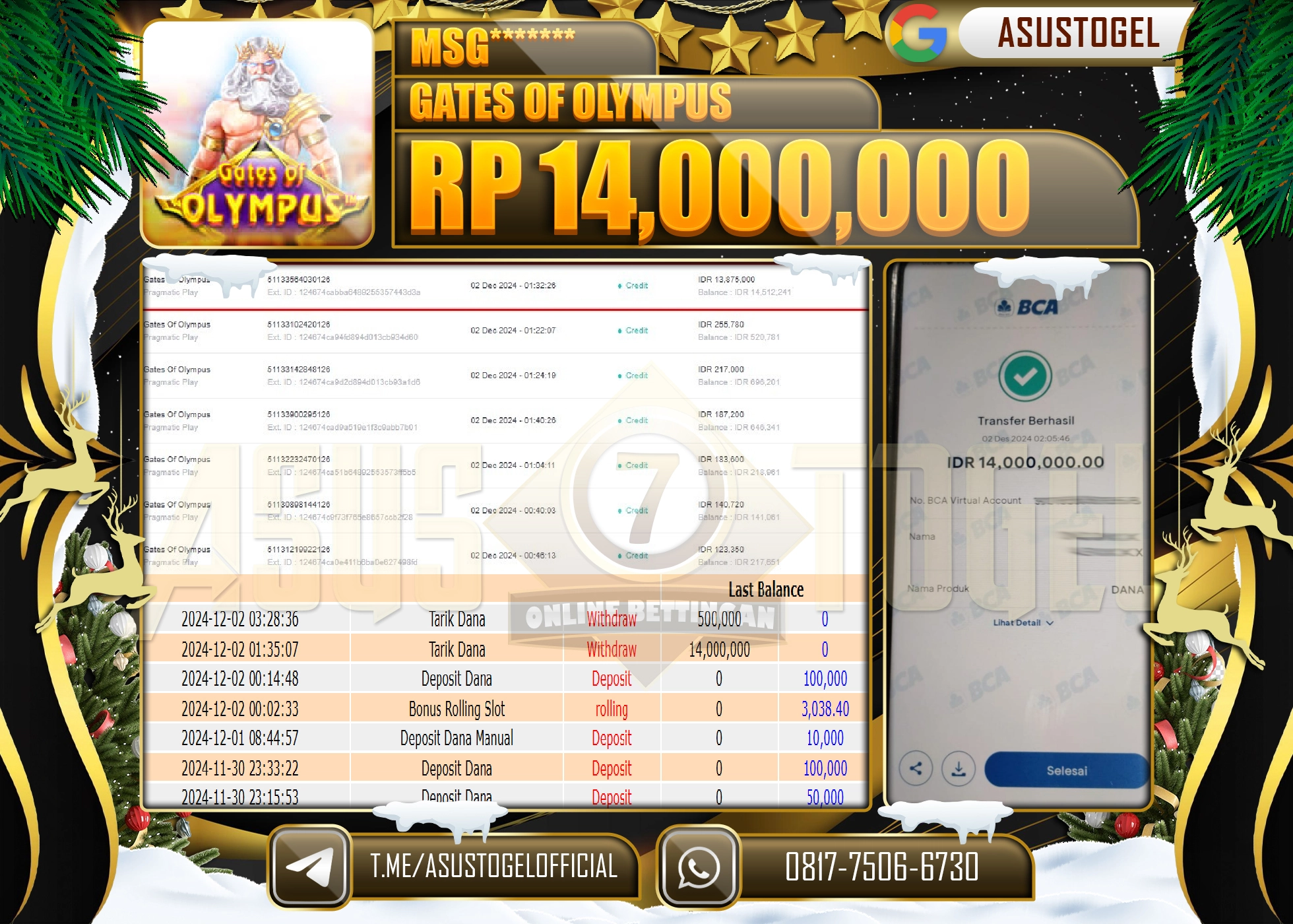 ASUSTOGEL KEMENANGAN DI GAMES SLOT GATES OF OLYMPUS 14,000,000- RUPIAH LUNAS