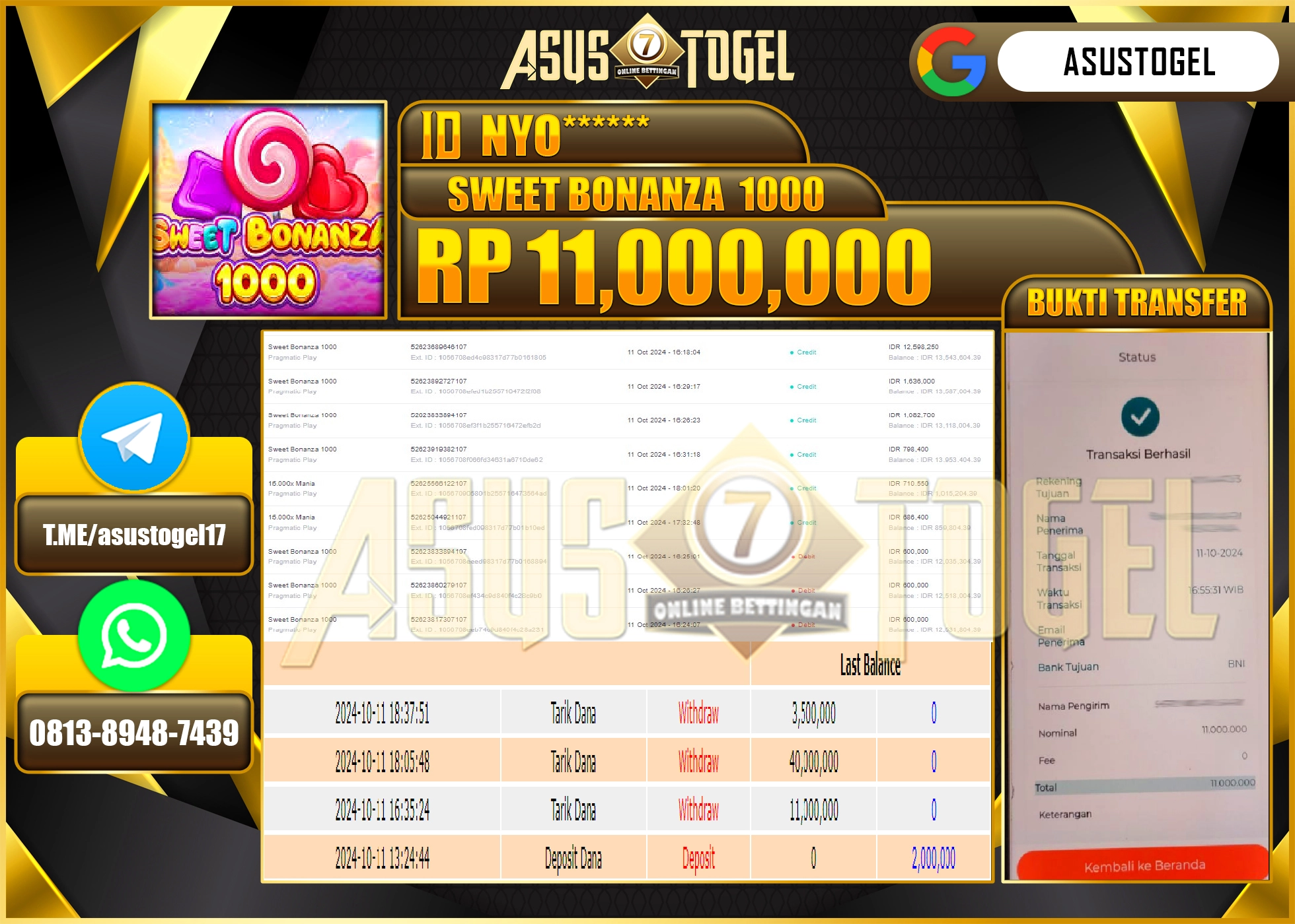 ASUSTOGEL KEMENANGAN  DI GAMES   MENANG  SWEET BONANZA 1000  SEBESAR 11,000,000- RUPIAH LUNAS