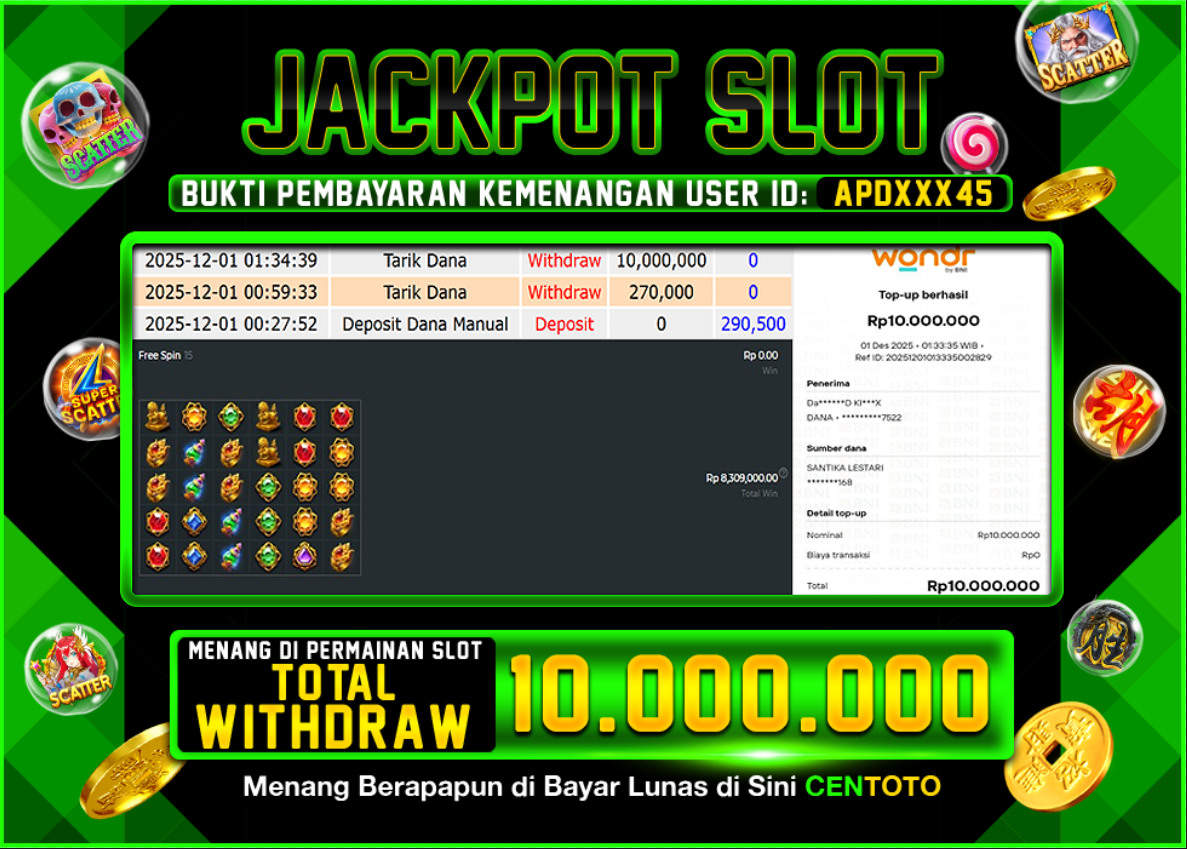 BUKTI JACKPOT SLOT CENTOTO  RP.10.000.000,-LUNAS