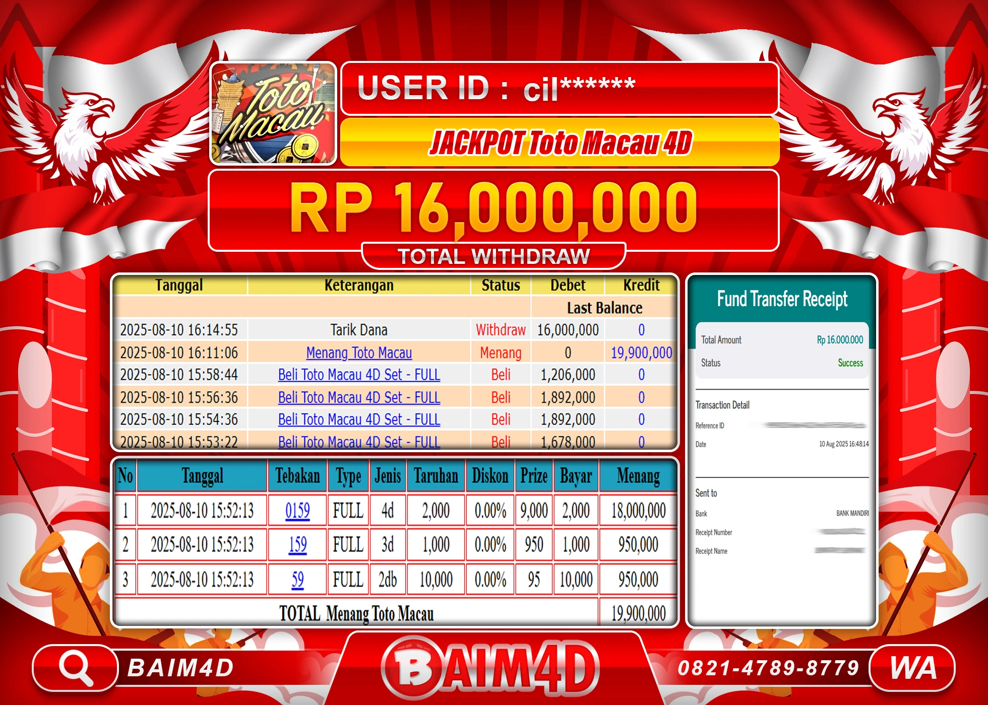BAIM4D JACKPOT TOGEL TOTO MACAU 4D Rp.16,000,000.- LUNAS