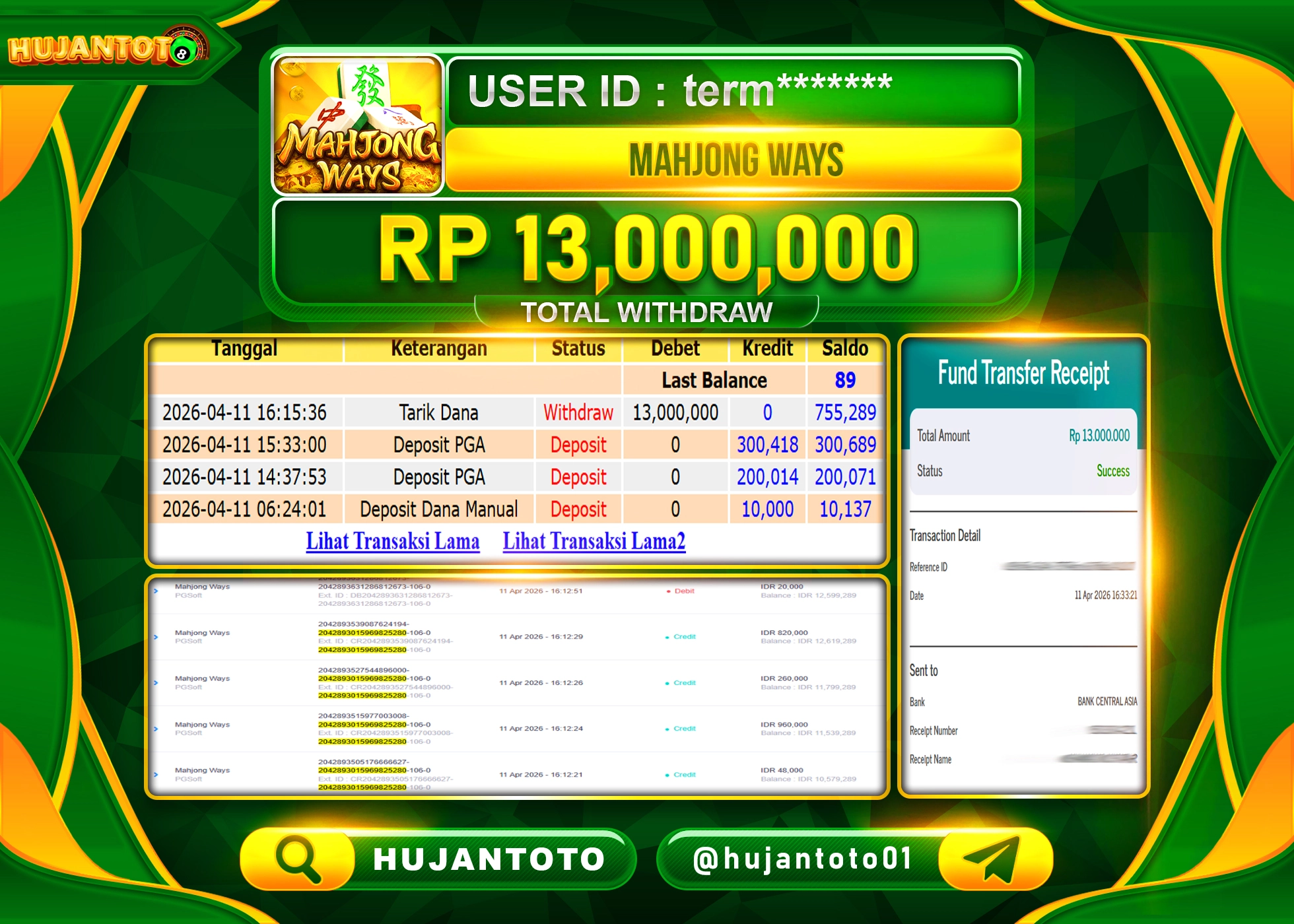 HUJANTOTO - BUKTI JACKPOT MENANG SLOT MAHJONG WAYS Rp.13,000,000 - TERBAYAR LUNAS