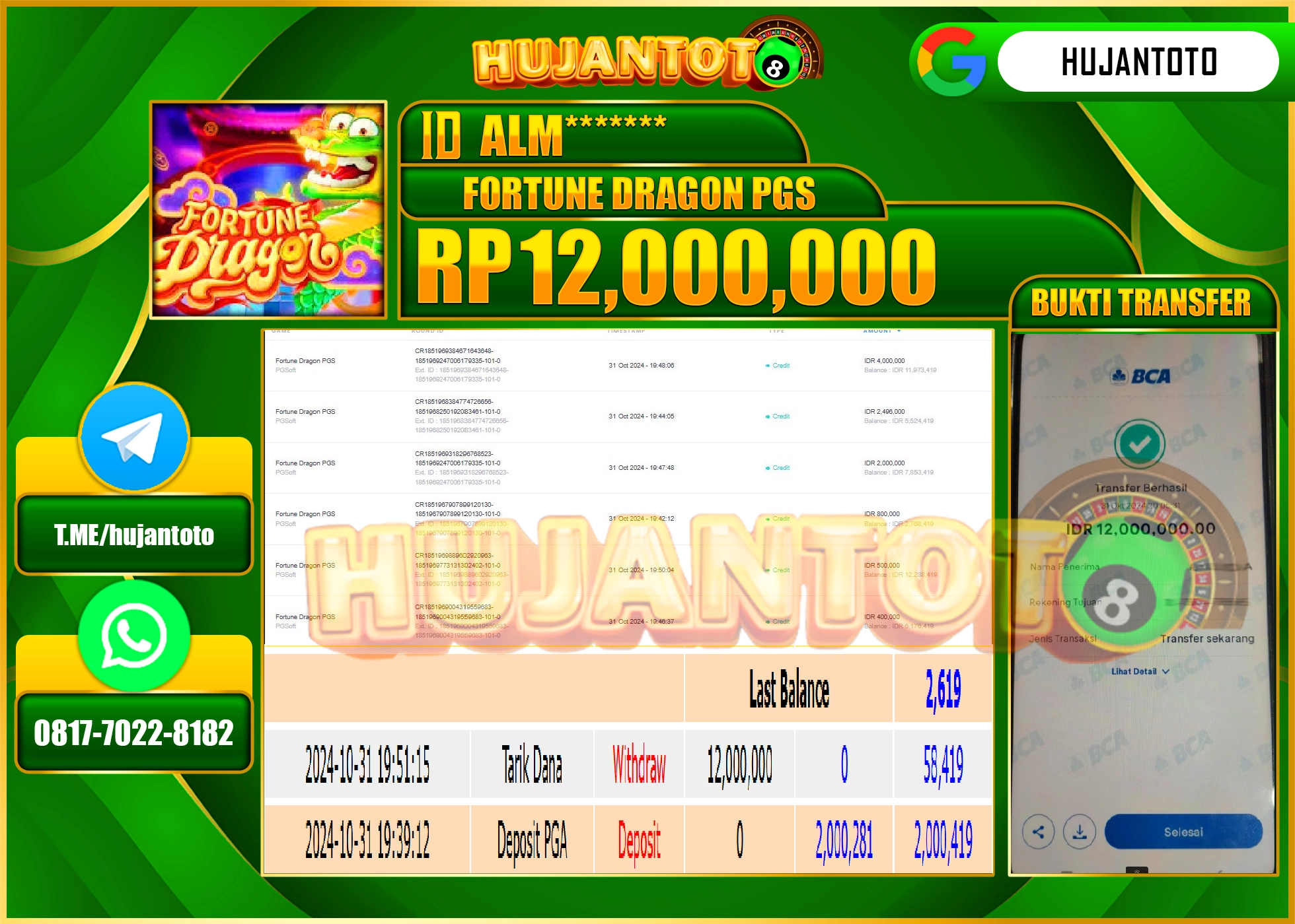HUJANTOTO MENANG DI PERMAINAN SLOT FORTUNE DRAGON PG SOFT - 12,000,000 - LUNAS