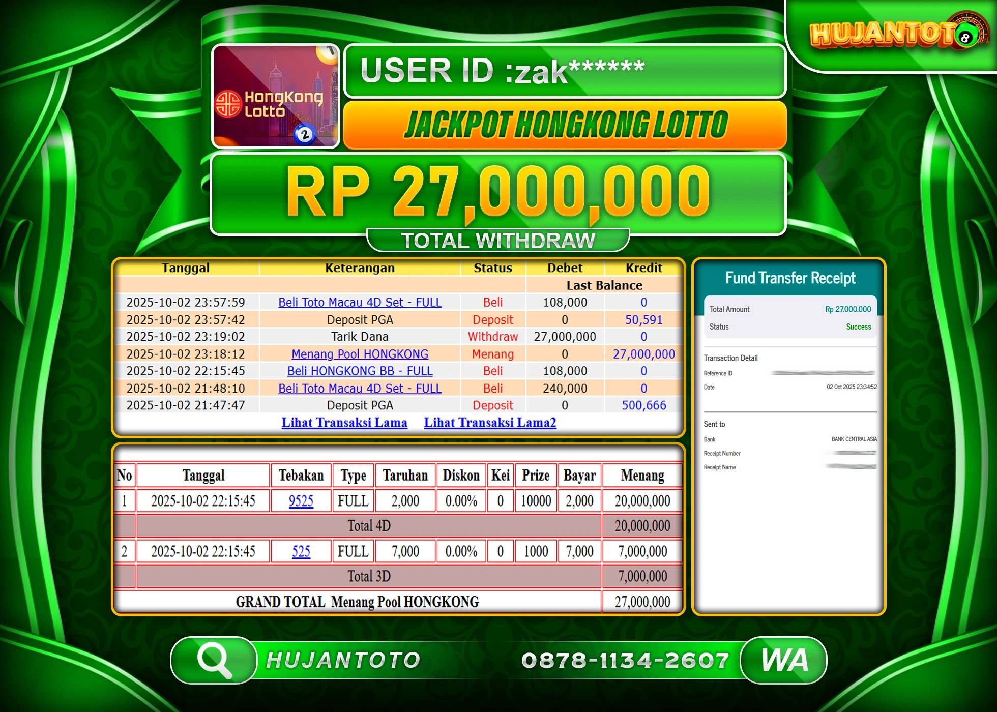 HUJANTOTO - BUKTI JACKPOT MENANG TOGEL HONGKONG LOTTO Rp.27,000,000 - TERBAYAR LUNAS
