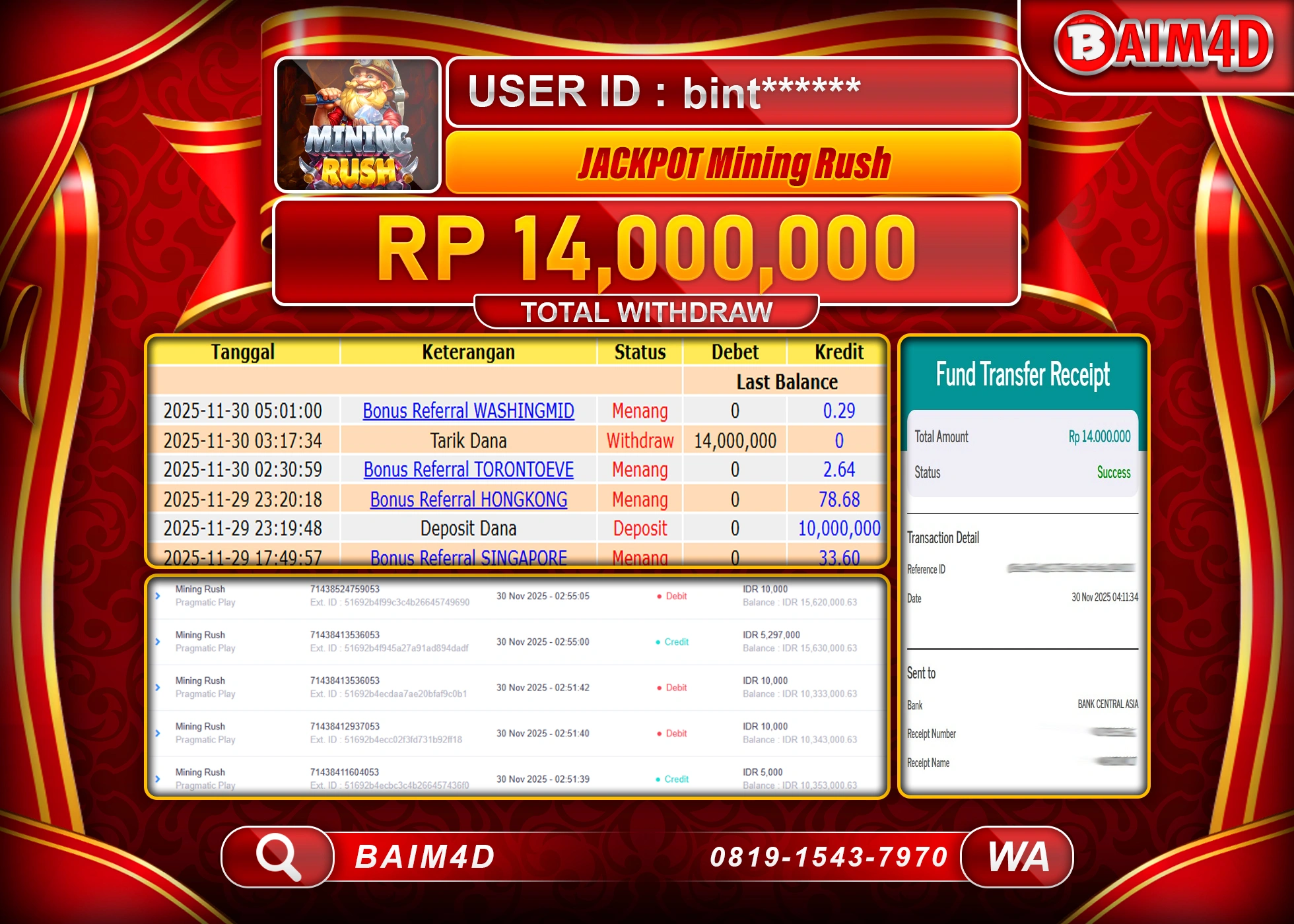 BAIM4D JACKPOT SLOT MINING RUSH Rp.14,000,000 - LUNAS
