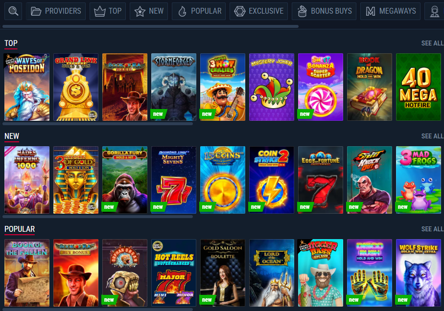 games and slots lobby at rabona casino