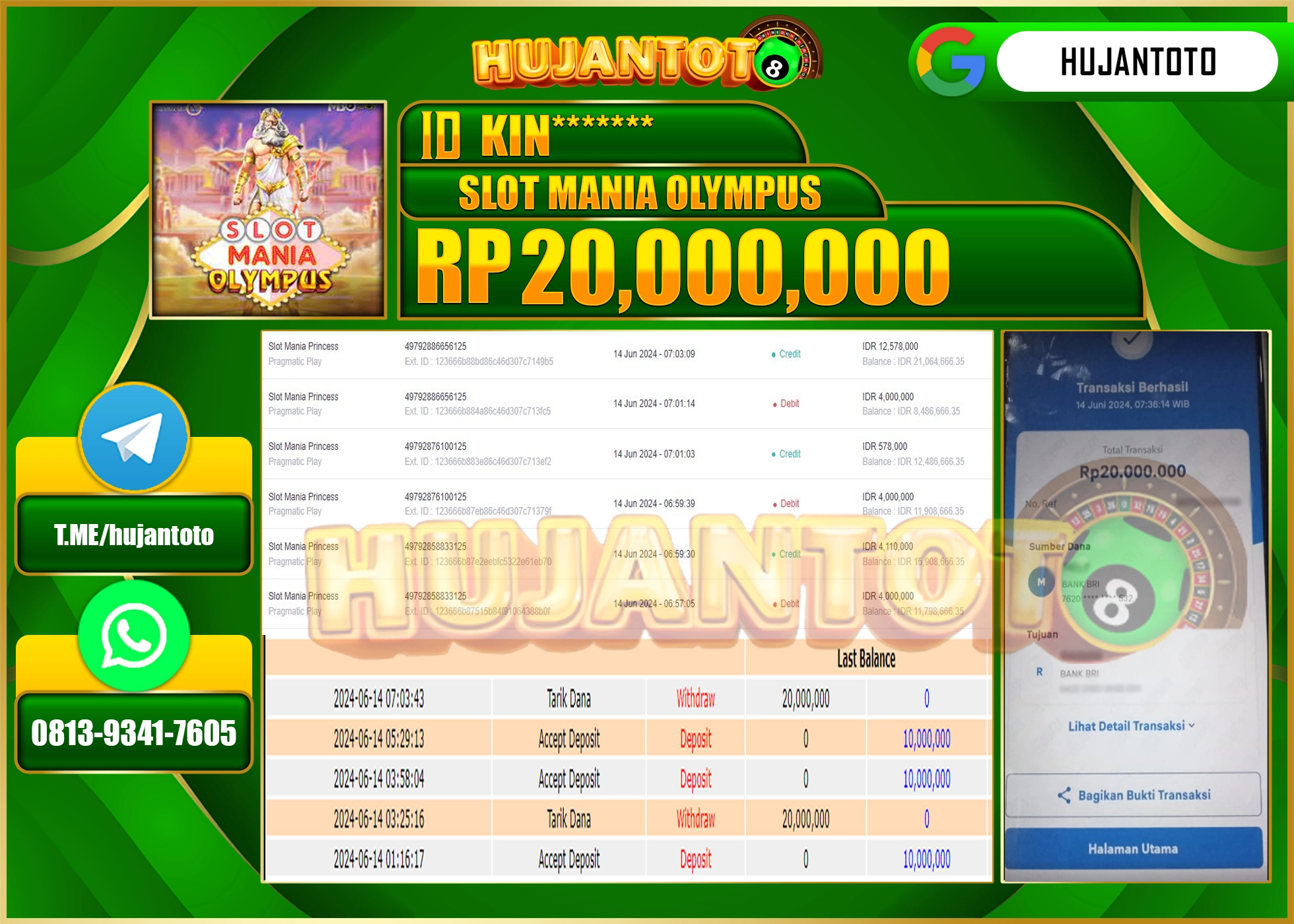 HUJANTOTO MENANG DI SLOT MANIA OLYMPUS 20.000.000 - LUNAS 