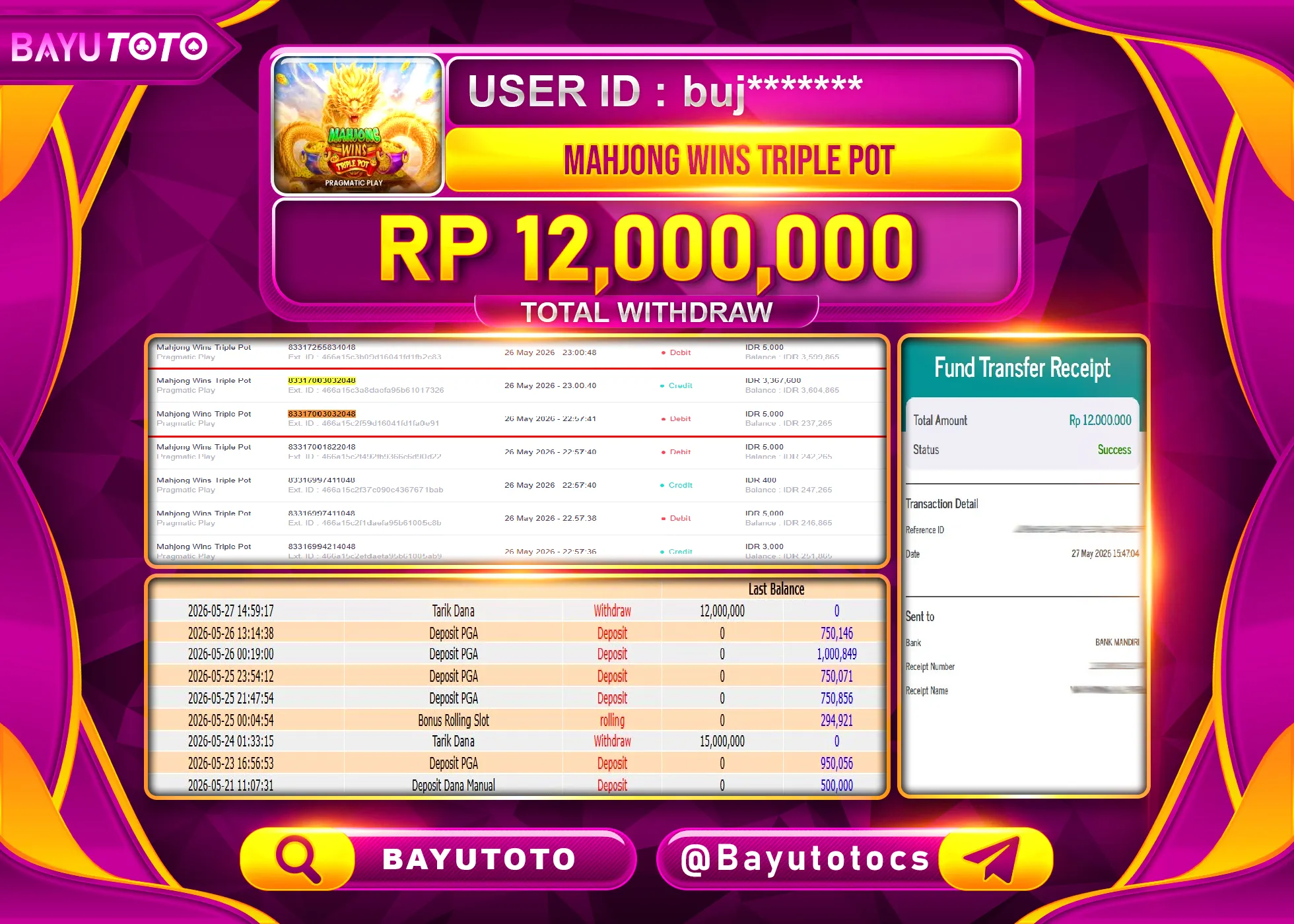 SELAMAT MEMBER SETIA BAYUTOTO JACKPOT DI SLOT MAHJONG WINS TRIPLE POT Rp. 12,000,000 LUNAS
