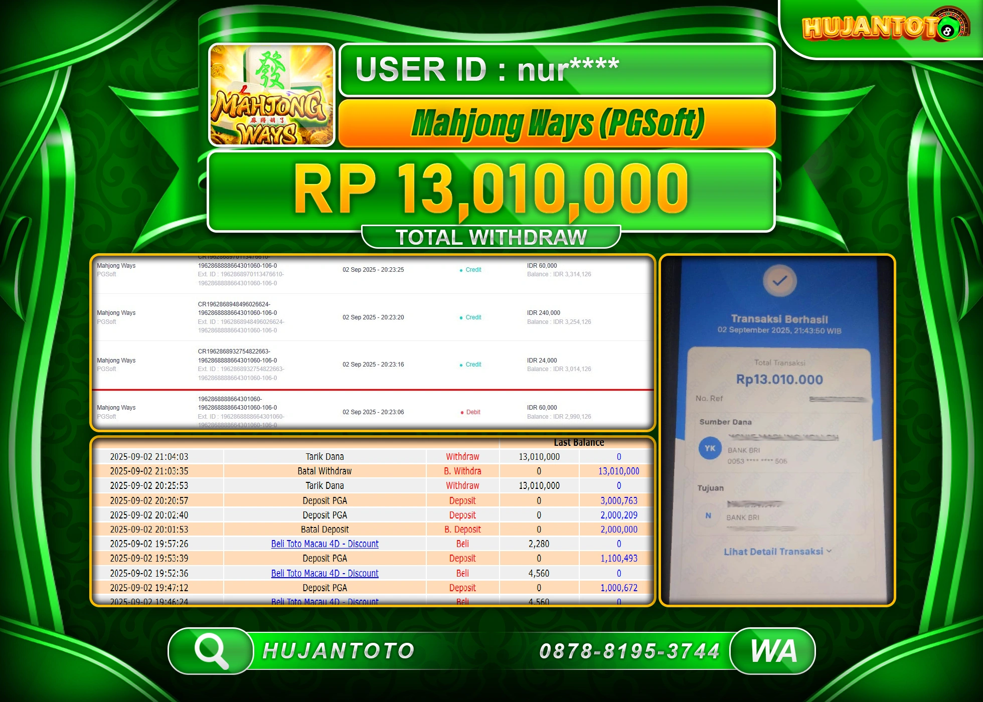 HUJANTOTO - BUKTI JACKPOT MENANG SLOT MAHJONG WAYS Rp.13,010,000 - TERBAYAR LUNAS