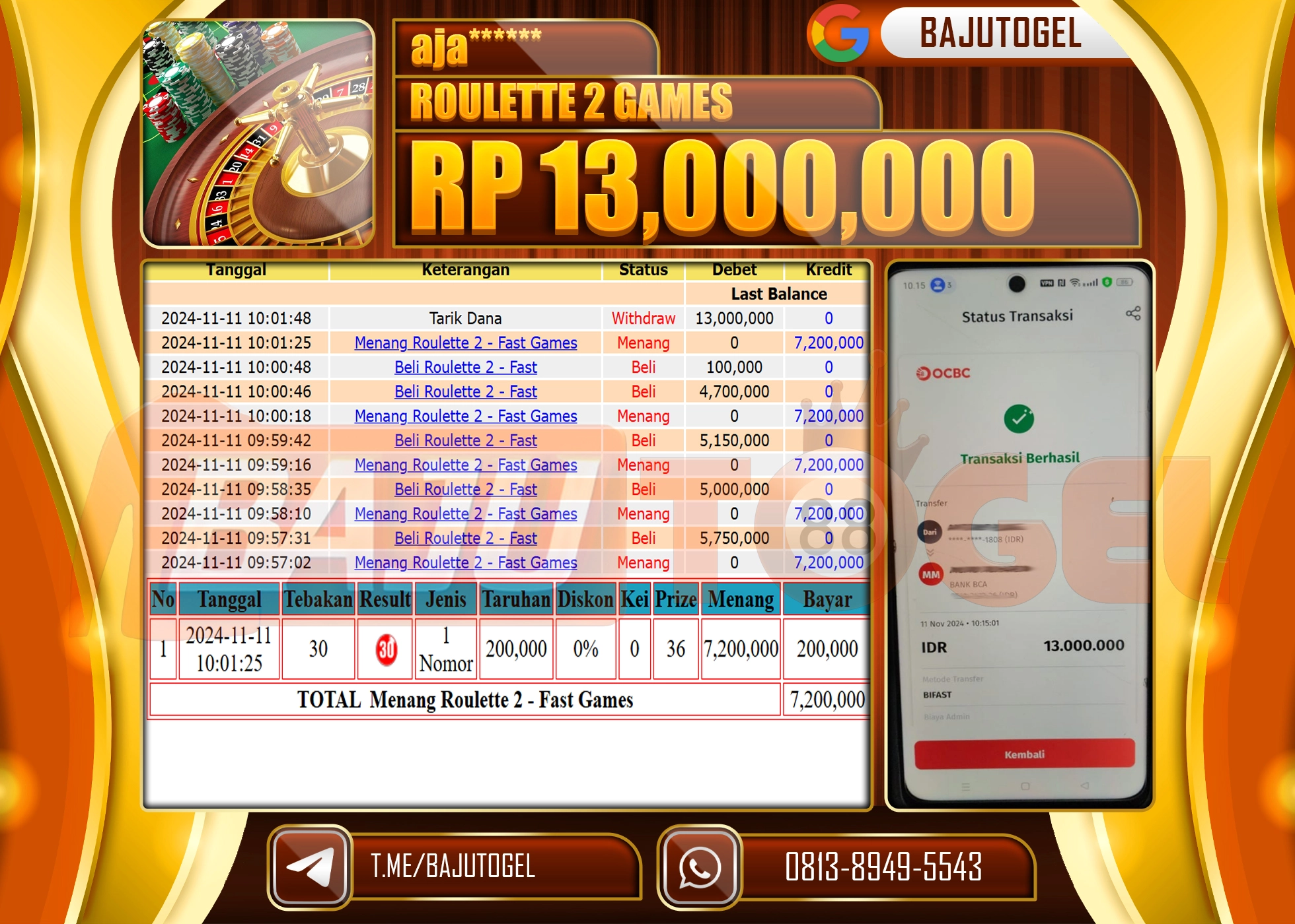 BAJUTOGEL JACKPOT GAMES ROULETTE 2 Rp 13,000,000 LUNAS