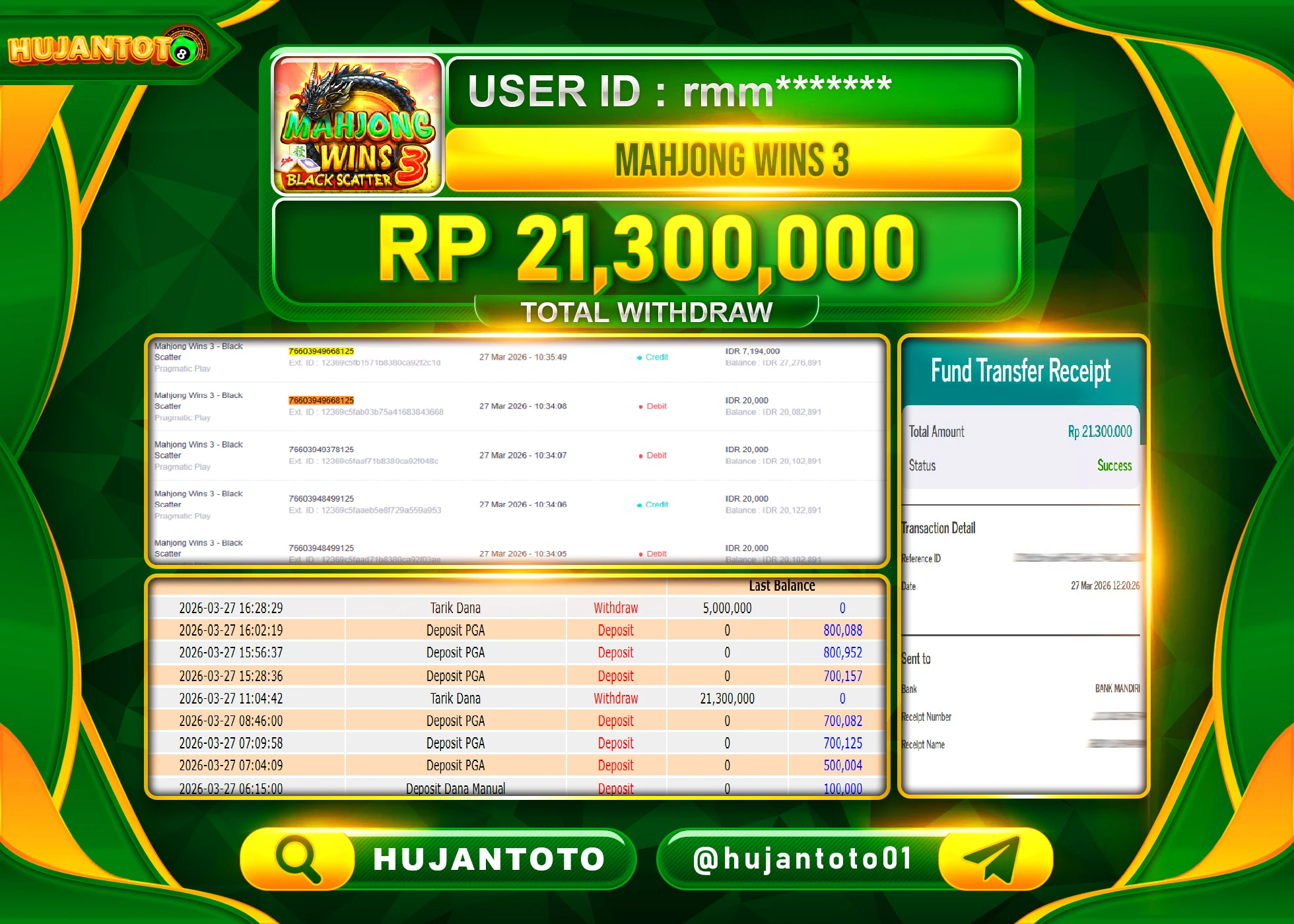 HUJANTOTO - BUKTI JACKPOT MENANG SLOT MAHJONG  WINS 3 Rp.21,300,000 - TERBAYAR LUNAS