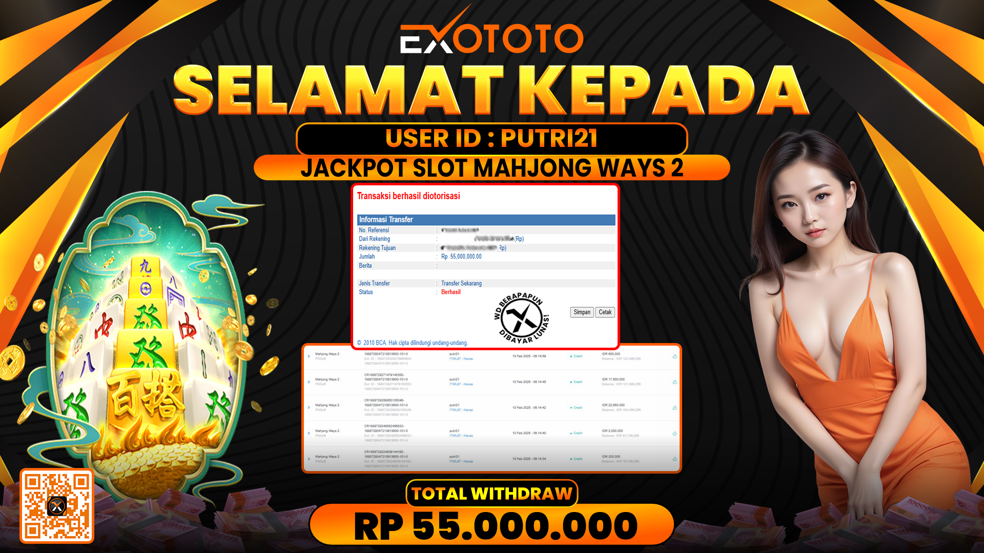 EXOTOTO JACKPOT DI SLOT MAHJONG WAYS 2 RP. 55.000.000,- LUNAS