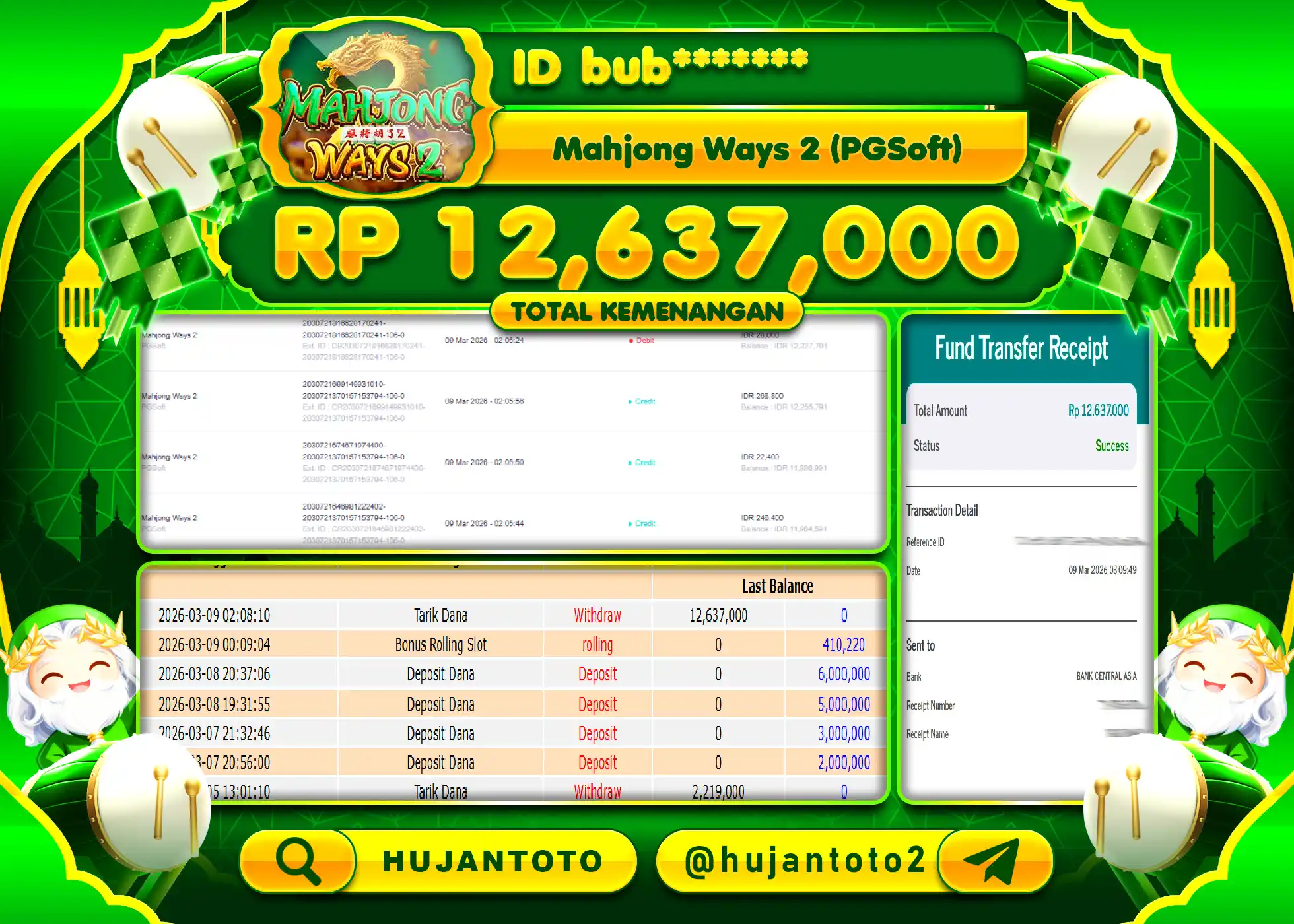 HUJANTOTO - BUKTI JACKPOT MENANG SLOT MAHJONG WAYS 2 Rp.12,637,000 - TERBAYAR LUNAS