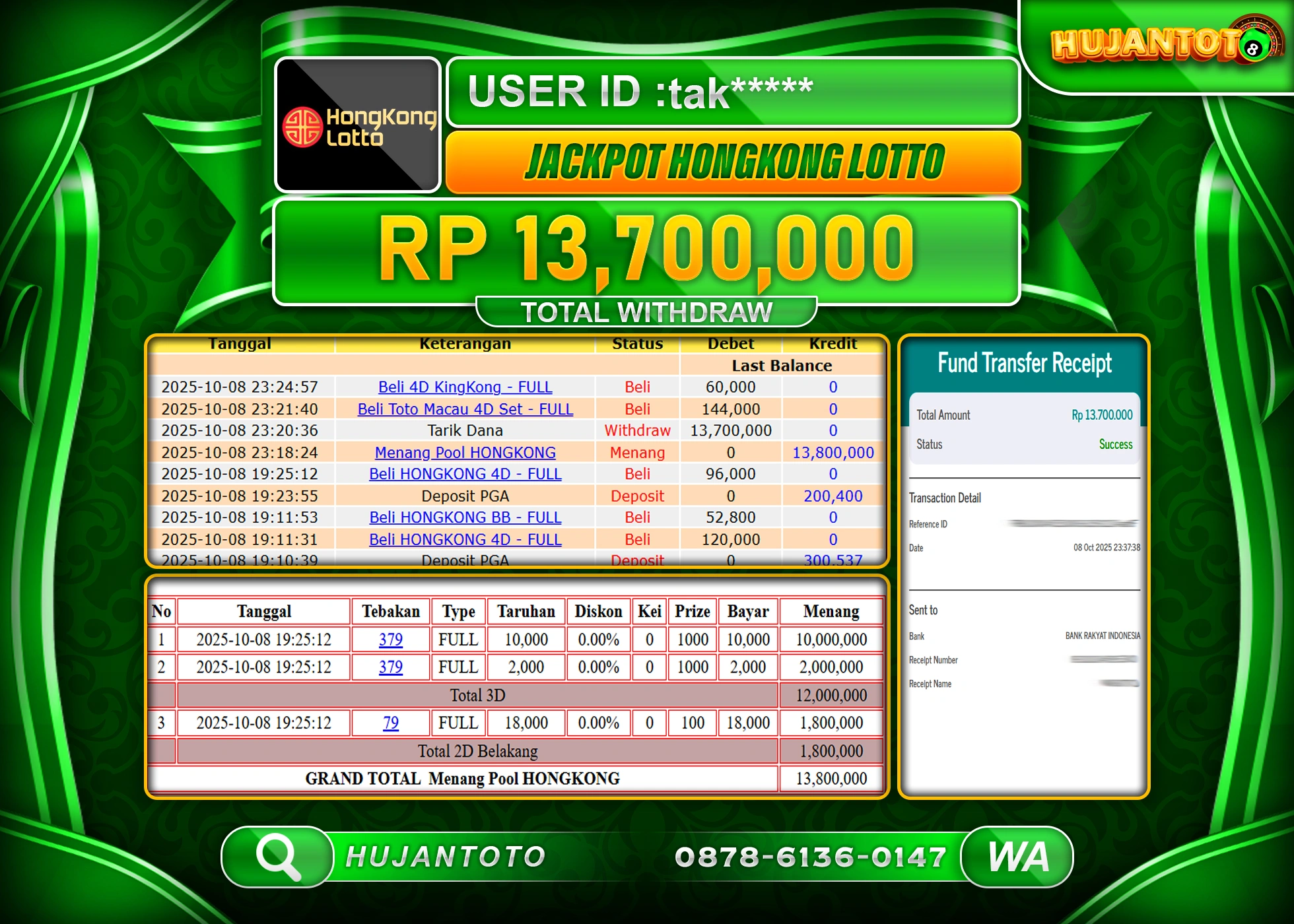 HUJANTOTO - BUKTI JACKPOT MENANG TOGEL HONGKONG LOTTO Rp.13,700,000 - TERBAYAR LUNAS
