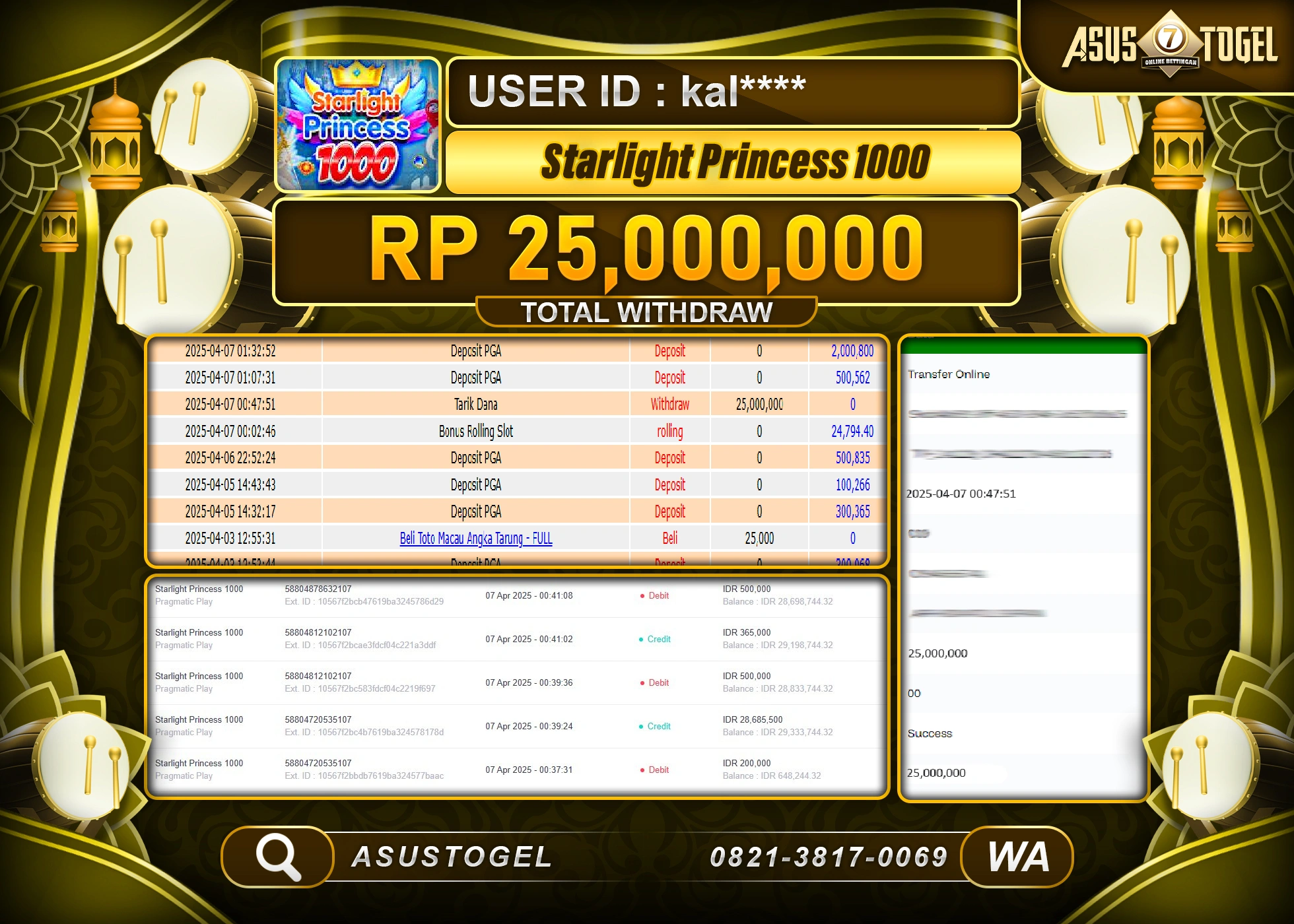 ASUSTOGEL KEMENANGAN DI STARLIGHT PRINCESS 1000 SEBESAR 25,000,000- RUPIAH LUNAS