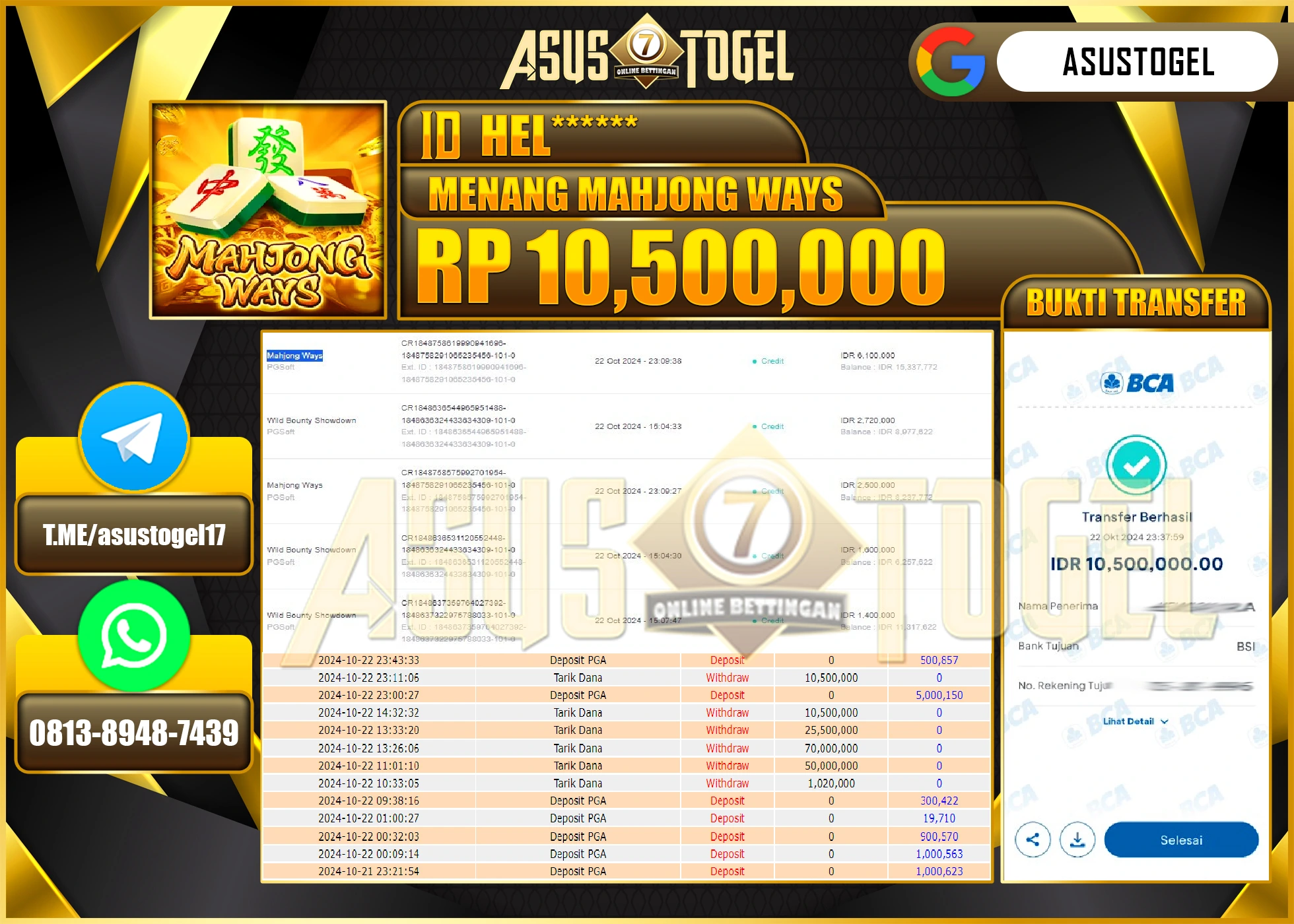 ASUSTOGEL KEMENANGAN DI GAMES MAHJONG WAYS  SEBESAR 10,500,000- RUPIAH LUNAS
