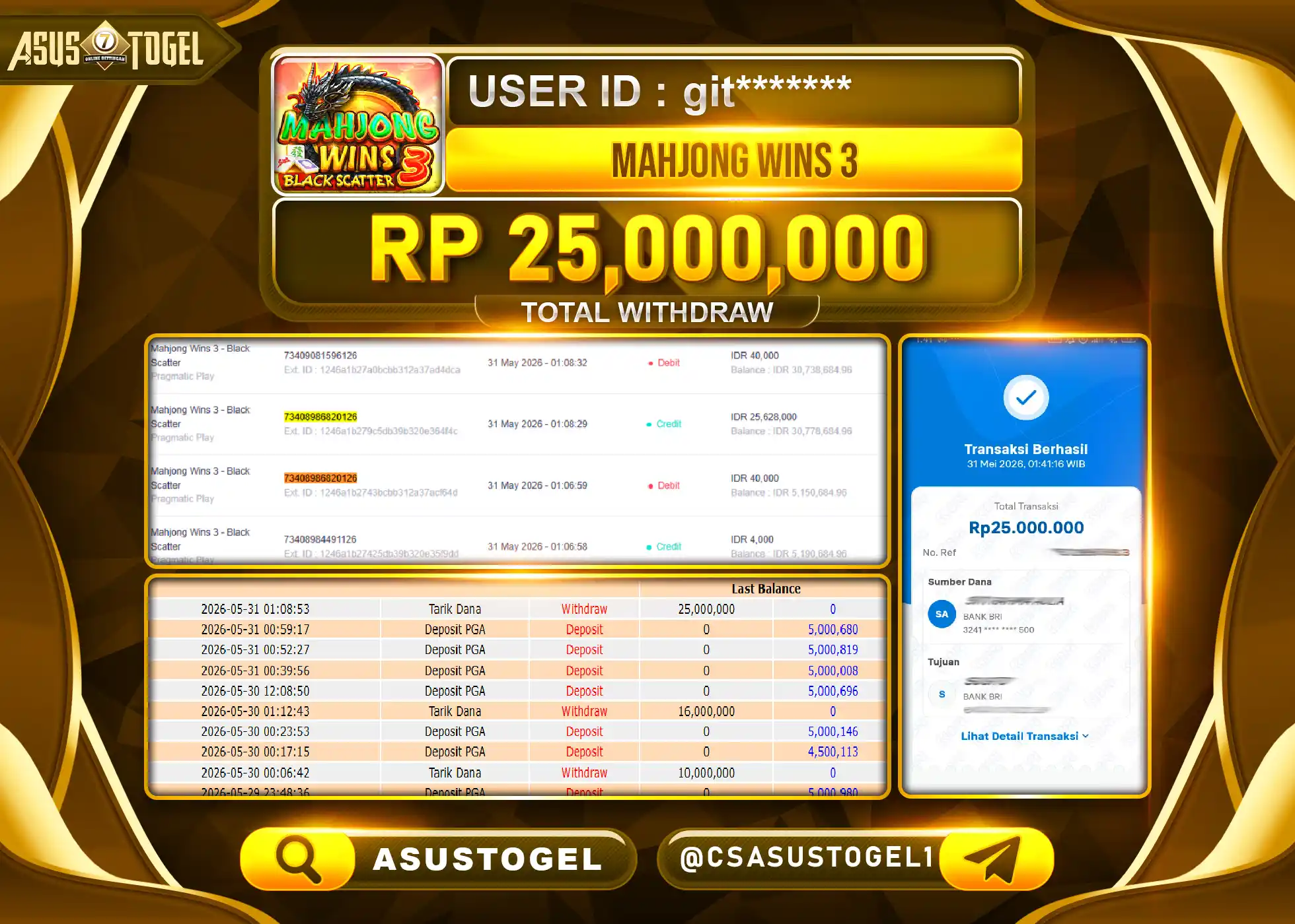 ASUSTOGEL KEMENANGAN JACKPOT PERMAINAN SLOT MAHJONG WINS 3 Rp.25,000,000 - RUPIAH LUNAS