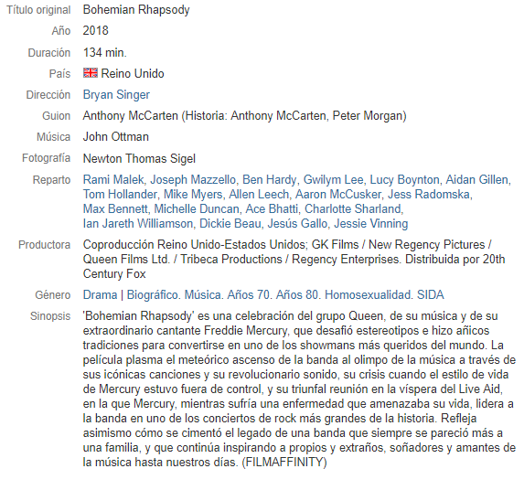 Ficha técnica de Bohemian Rhapsody. Fuente de la imagen: Filmaffinity Ficha técnica de Bohemian Rhapsody. Fuente de la imagen: Filmaffinity