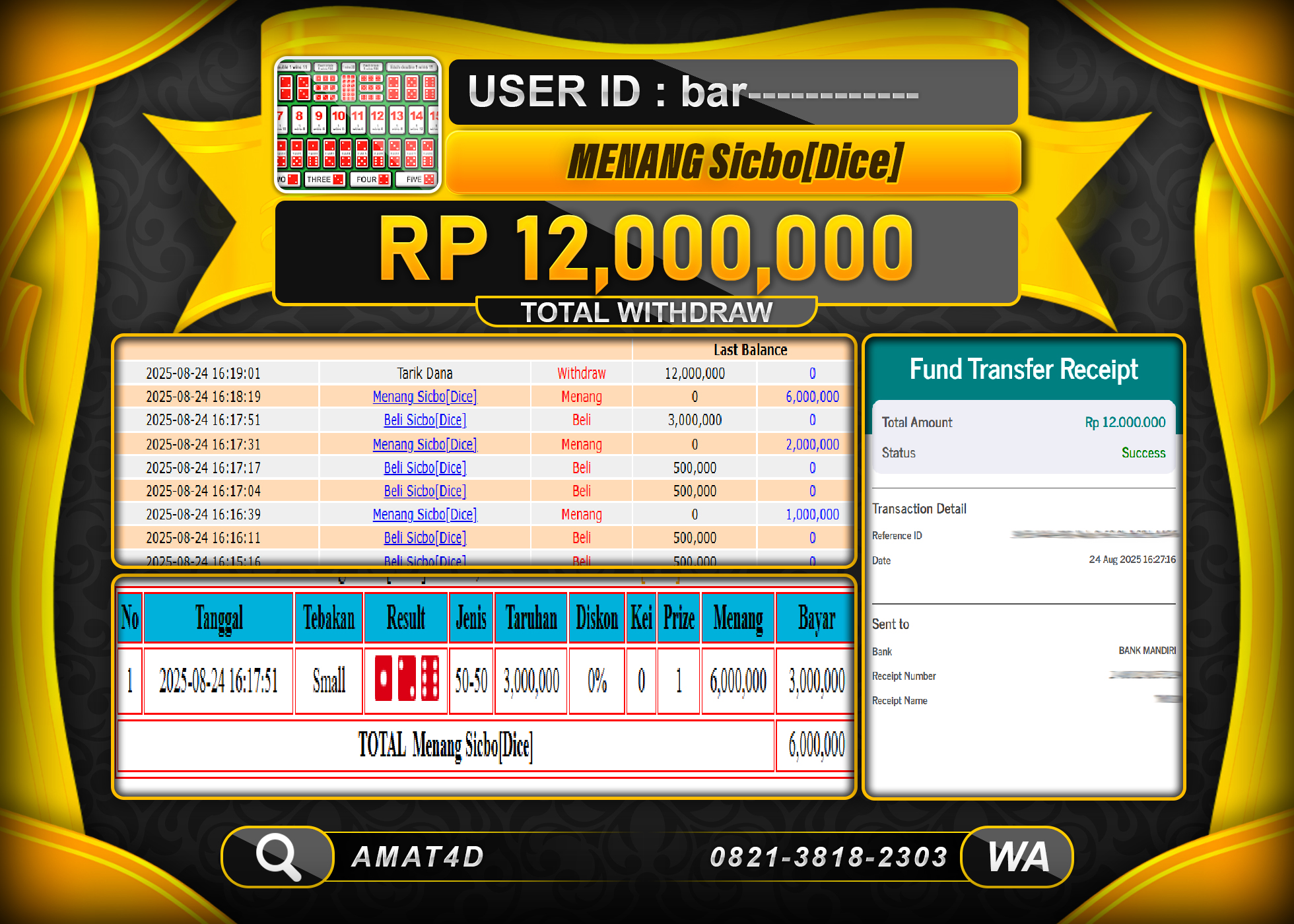 AMAT4D KEMENANGAN DI LIVE GAME SICBO   Rp.12.000.000 BERHASIL TERBAYAR LUNAS