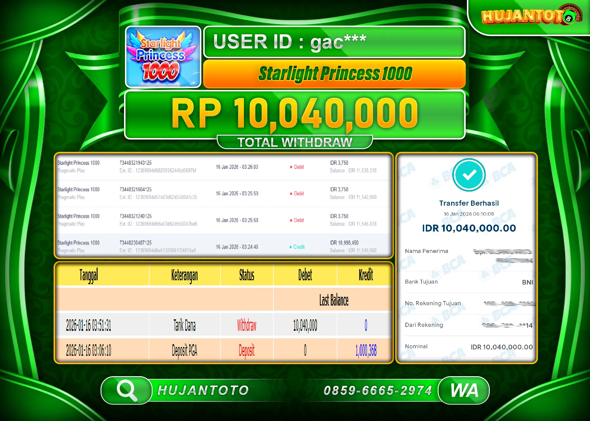 HUJANTOTO - BUKTI JACKPOT MENANG SLOT STARLIGHT PRINCESS 1000 Rp.10,040,000 - TERBAYAR LUNAS