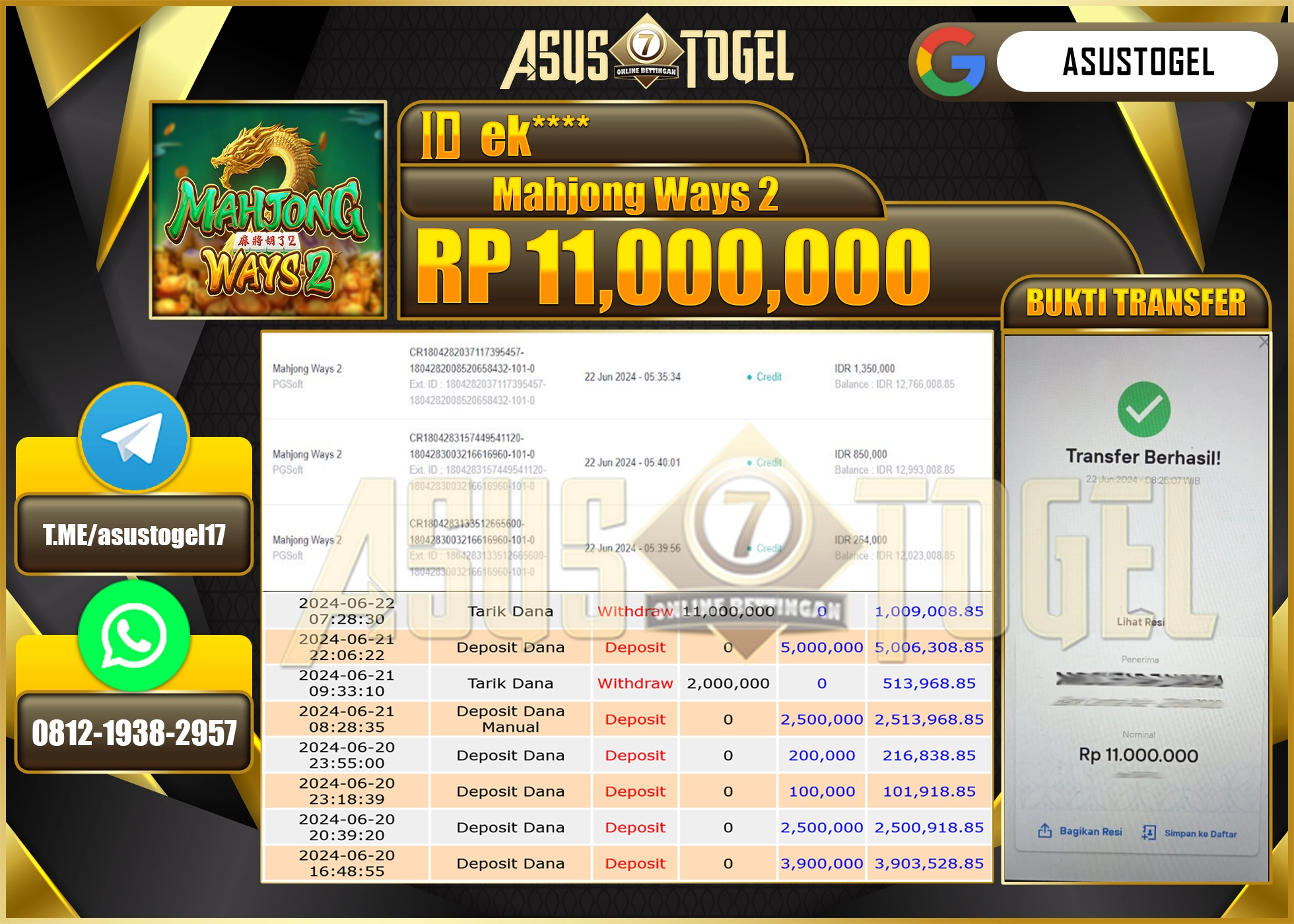 ASUSTOGEL KEMENANGAN SLOT MAHJONG WAYS 2 SEBESAR 11,000,000-LUNAS