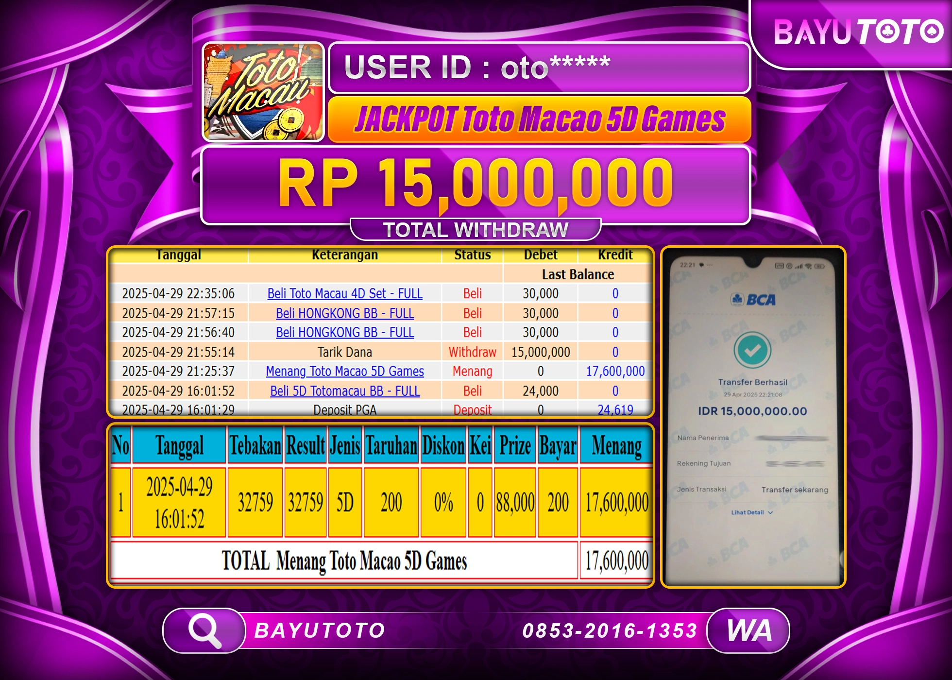 BAYUTOTO JACKPOT TOTO MACAU 5D Rp.15,000,000 LUNAS