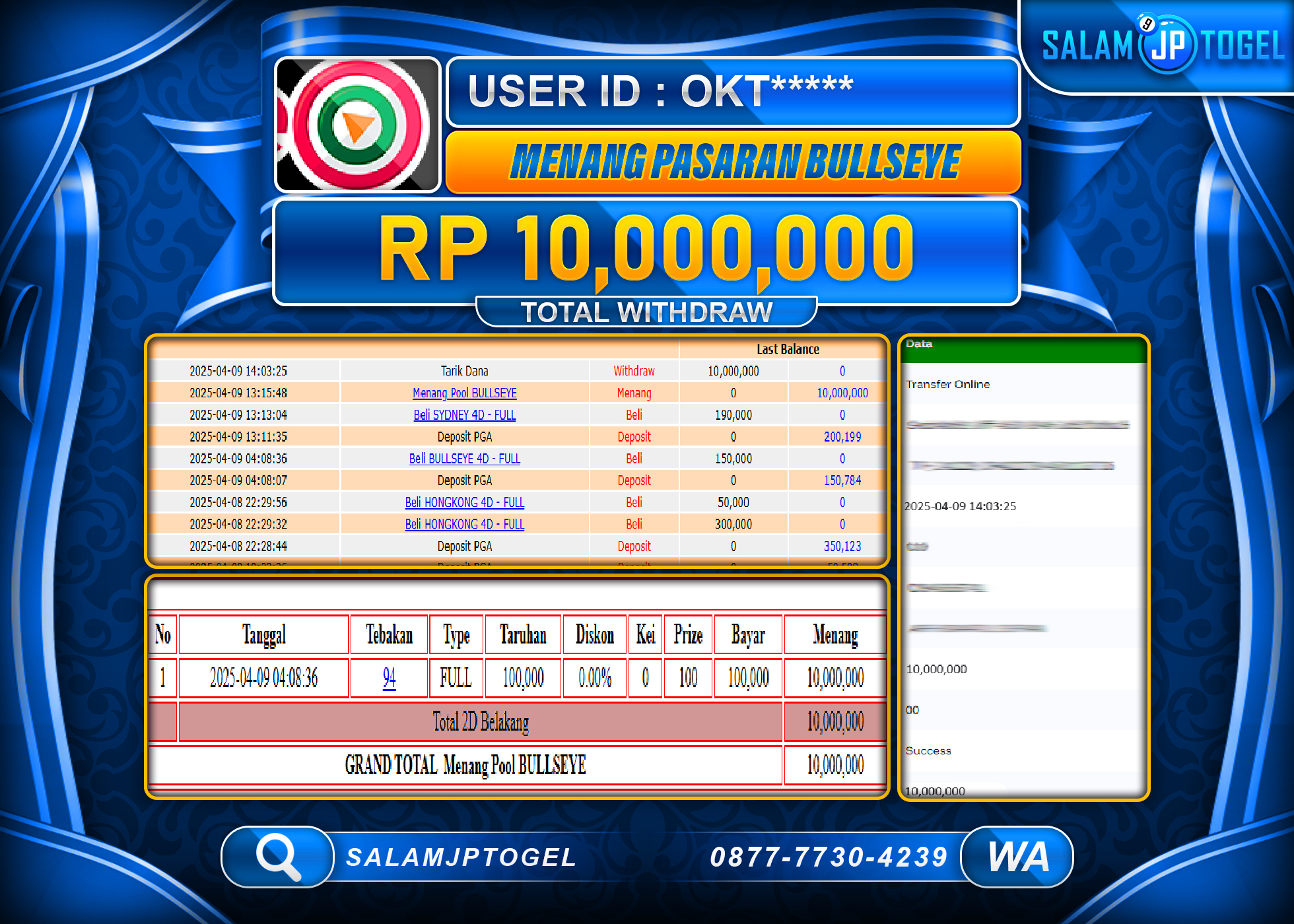 SALAMJPTOGEL MENANG TOGEL BULLSEYE  Rp. 10,000,000 LUNAS