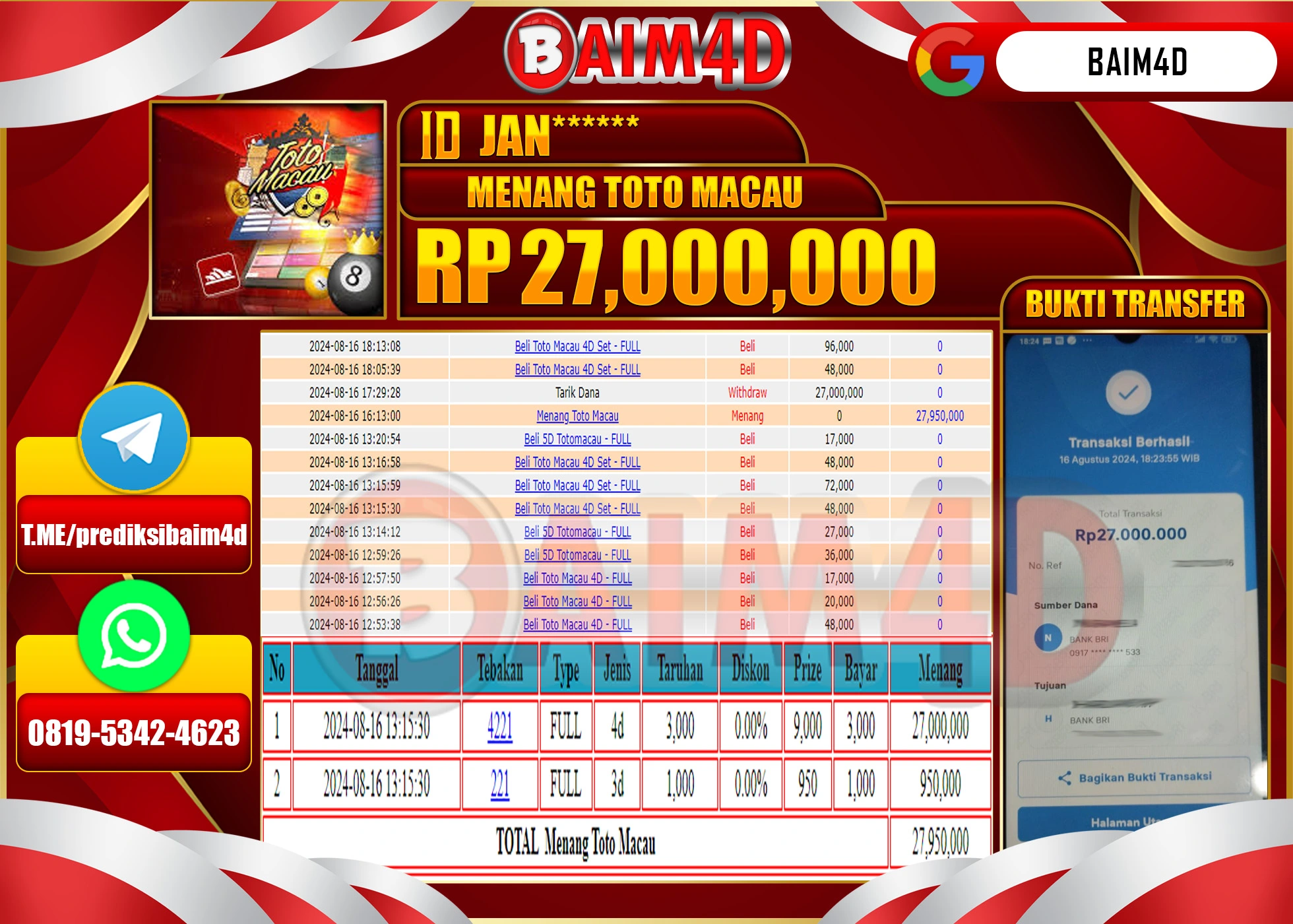 BAIM4D JACKPOT TOTO MACAU GAMES Rp.27.000,000.- LUNAS