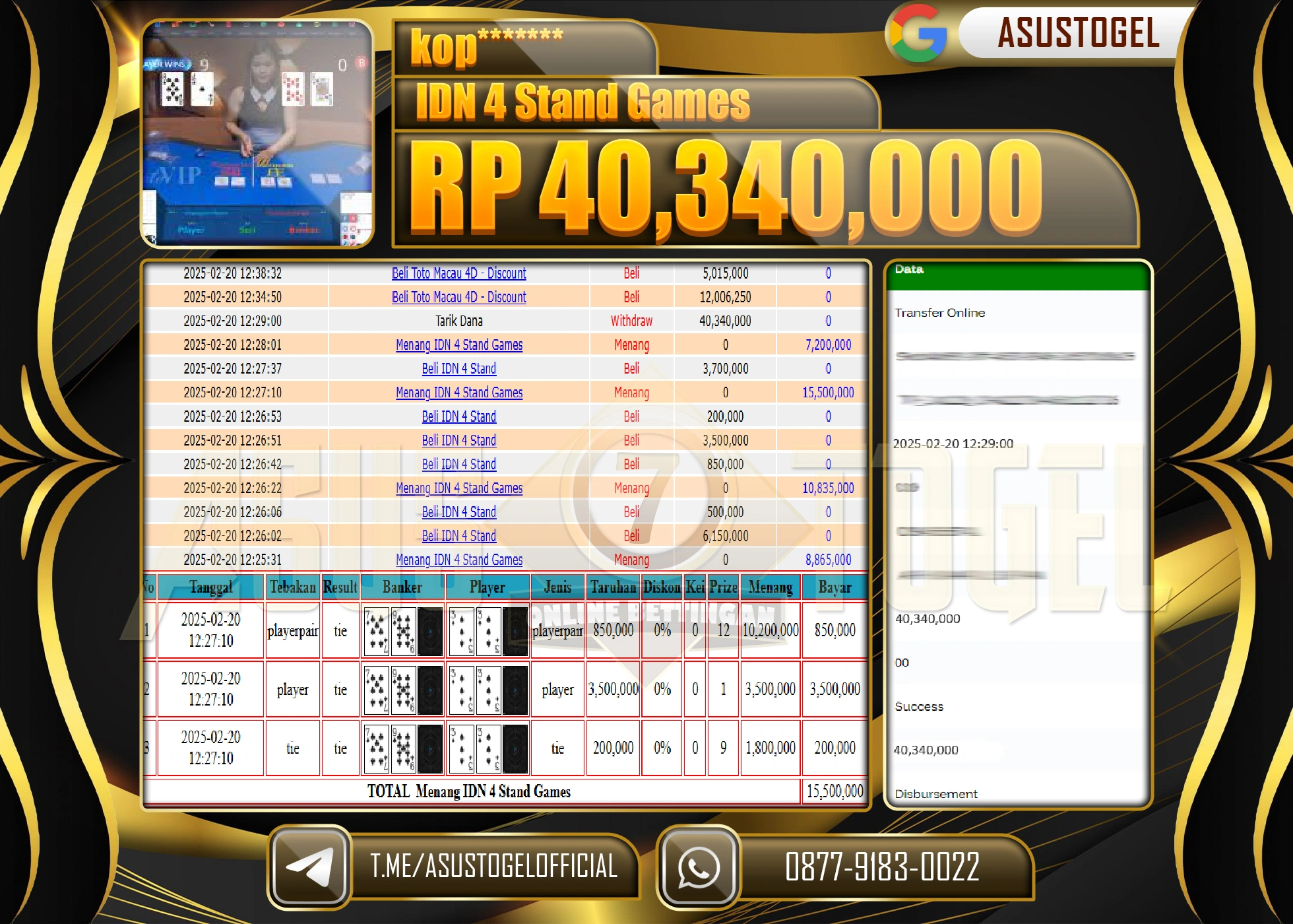 ASUSTOGEL KEMENANGAN DI IDN 4 STAND GAMES SEBESAR 40,340,000 - RUPIAH LUNAS
