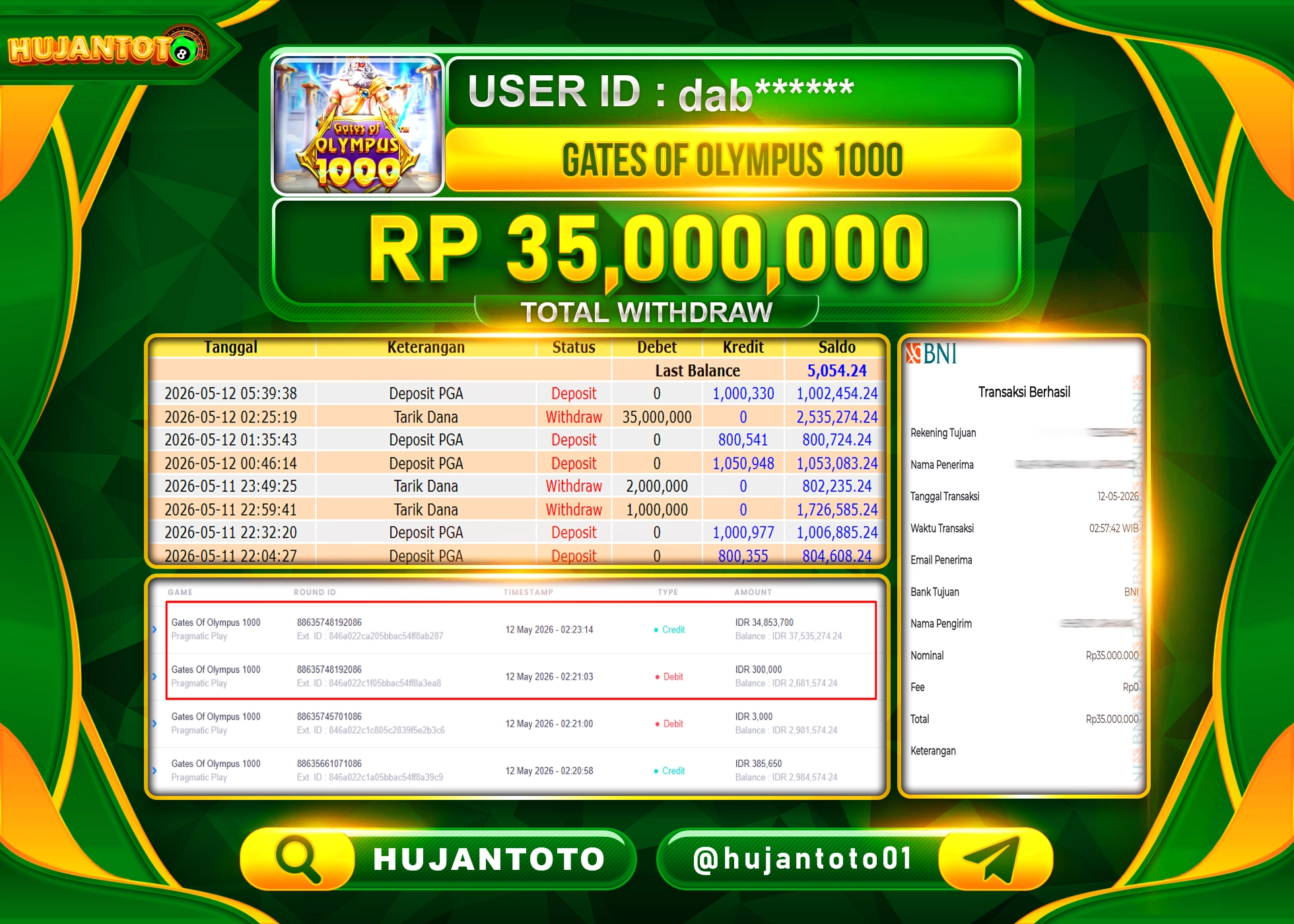 HUJANTOTO - BUKTI JACKPOT MENANG SLOT GATES OF OLYMPUS 1000 Rp.35,000,000 - TERBAYAR LUNAS