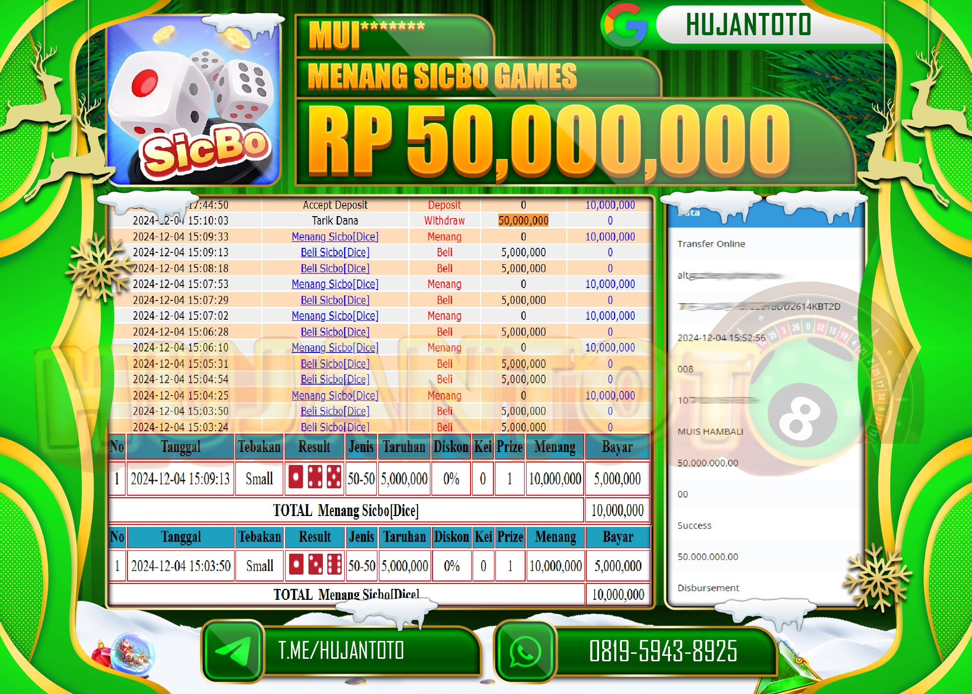 HUJANTOTO ATAS KEMENANGAN  BESAR YANG  DI RAIH DI PERMAINAN LIVE GAME SICBO DICE GAMES SEBESAR  - 50,000,000 - LUNAS 