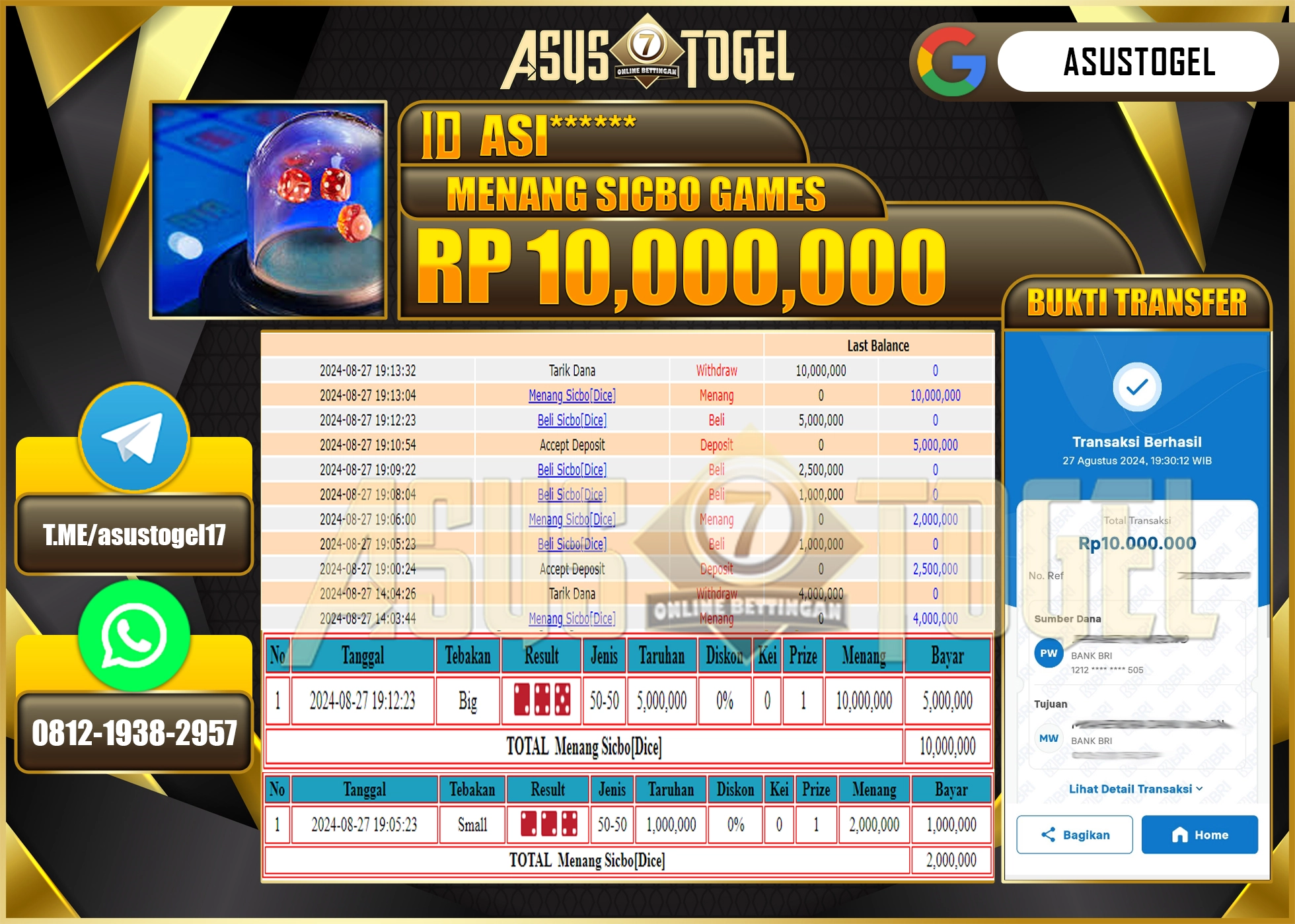 ASUSTOGEL KEMENANGAN DI LIVEGAME DI  SICBO   GAMES SEBESAR 10,000,000- RUPIAH LUNAS
