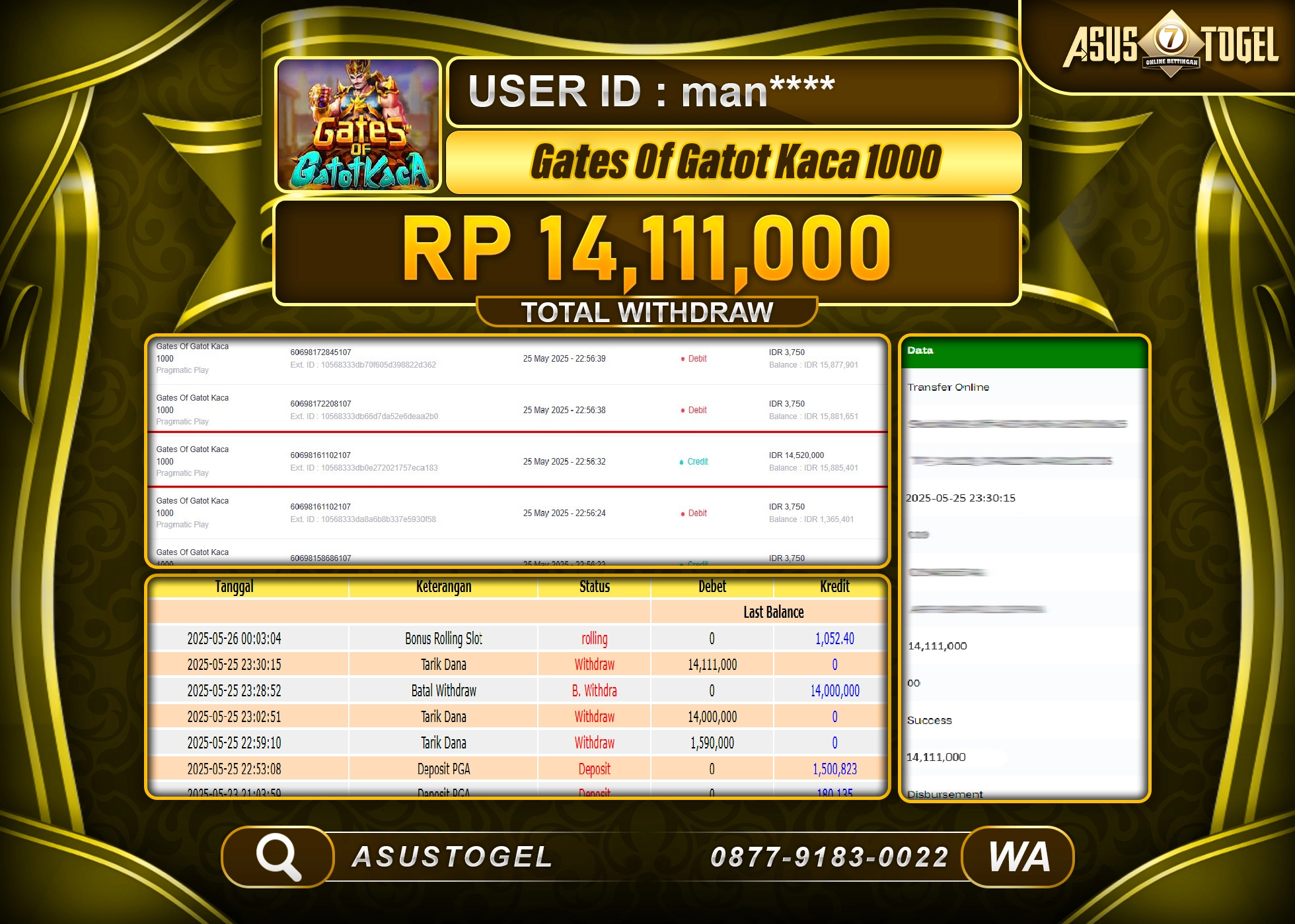  ASUSTOGEL KEMENANGAN DI SLOT GATES OF GATOT KACA 1000 SEBESAR 14,111,000- RUPIAH LUNAS