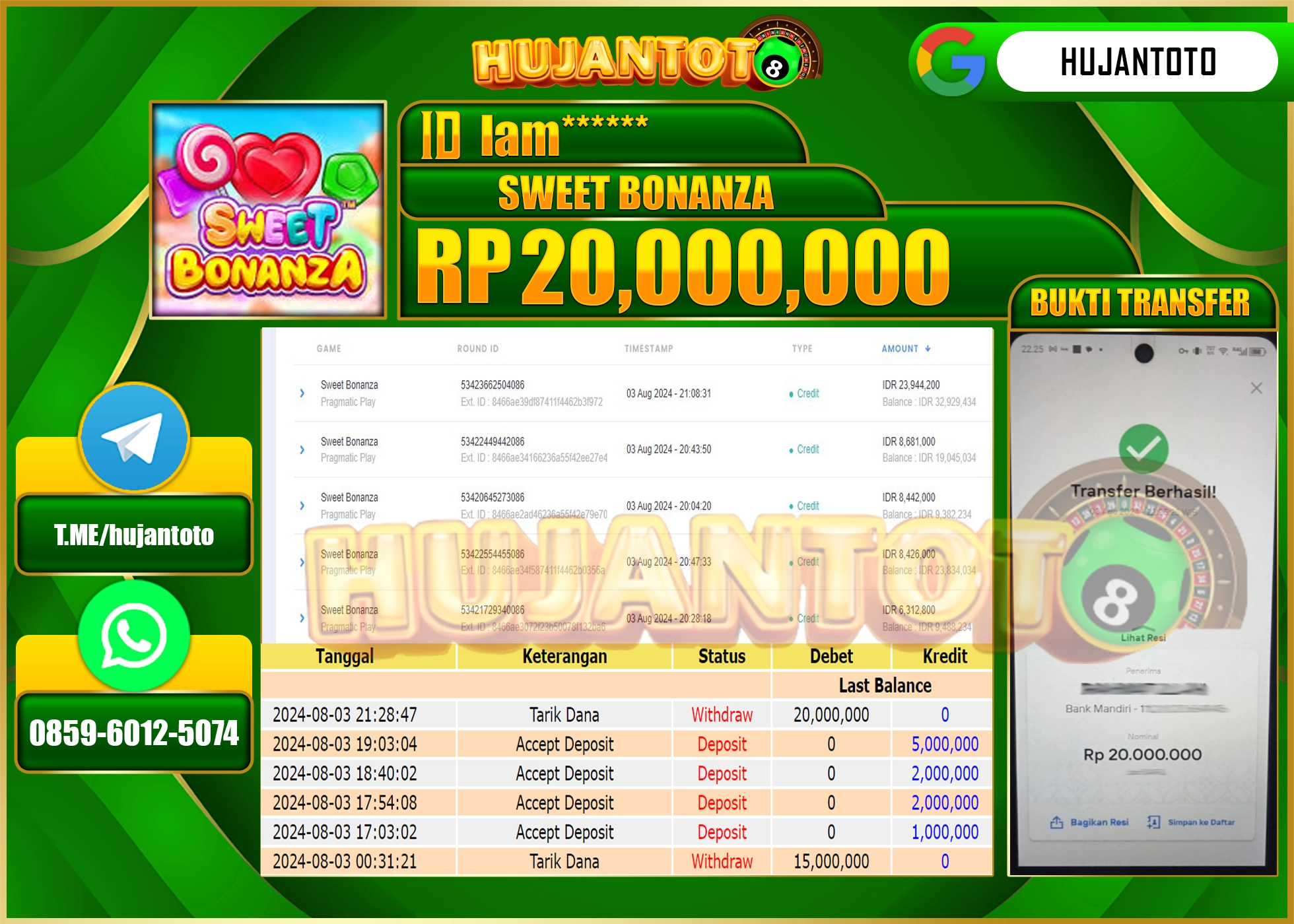 HUJANTOTO MENANG BESAR DI PERMAINAN SLOT SWEET BONANZA  20.000.000 - LUNAS 