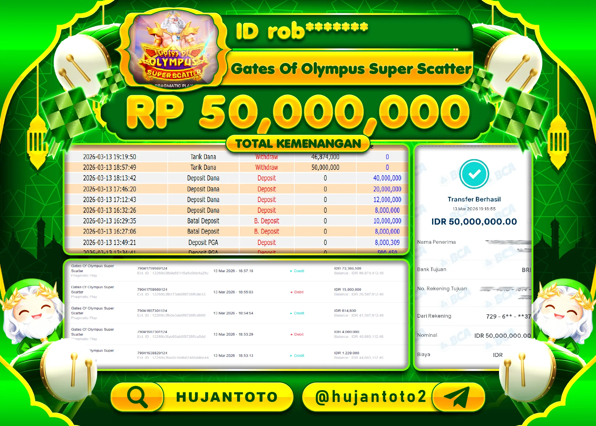 HUJANTOTO - BUKTI JACKPOT MENANG SLOT GATES OF OLYMPUS SUPER SCATTER Rp.50,000,000 - TERBAYAR LUNAS