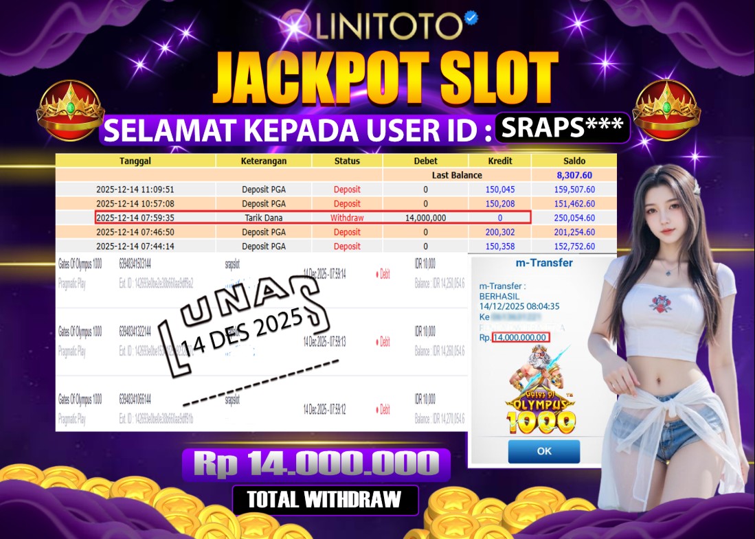 LINITOTO JACKPOT SLOT Gates Of Olympus 1000 Rp.14,000,000 - LUNAS