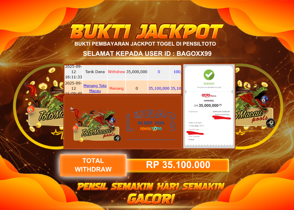 PENSILTOTO JACKPOT TOGEL TOTO MACAU RP.35.100.000,- LUNAS
