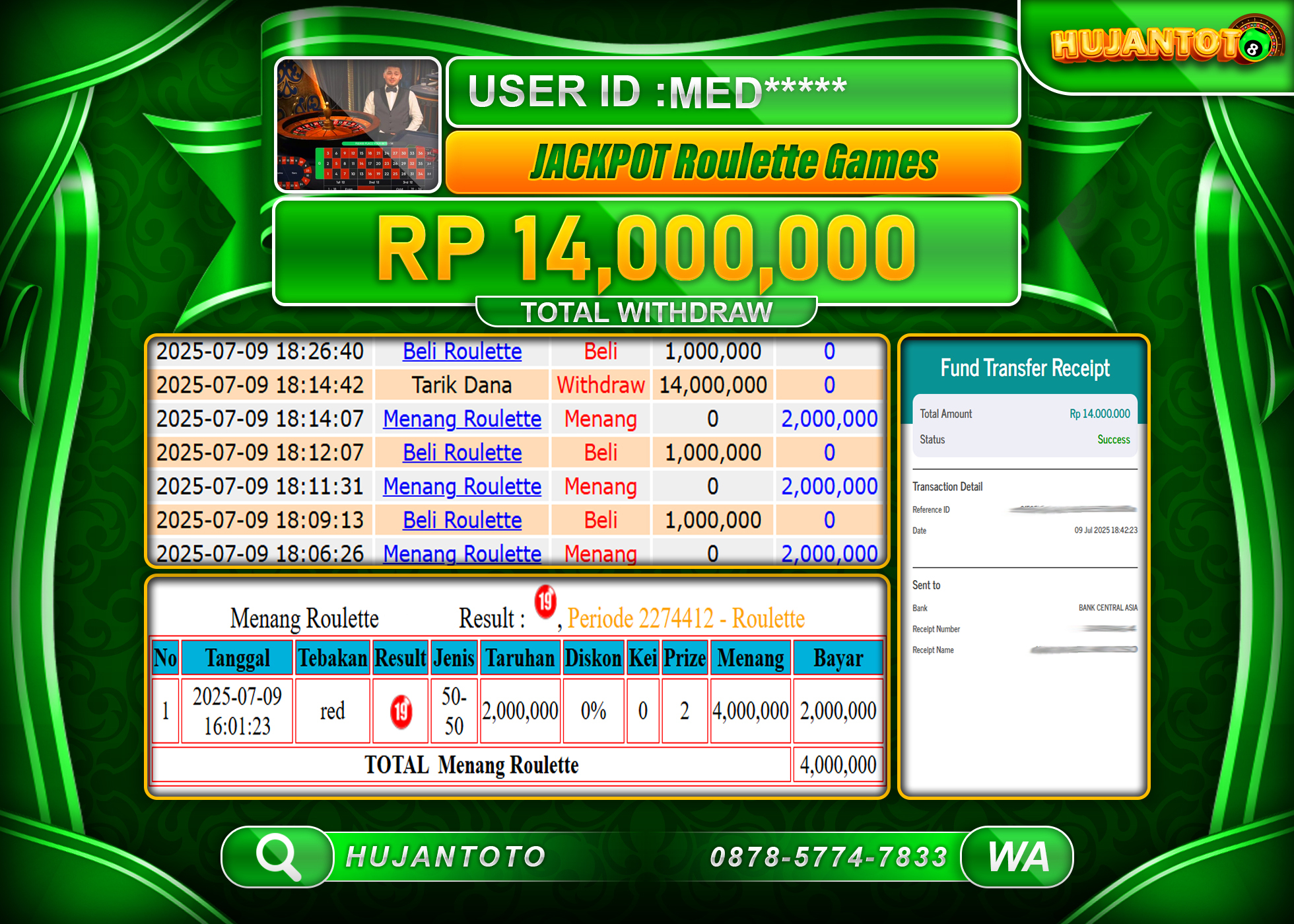 HUJANTOTO - BUKTI JACKPOT MENANG  LIVEGAMES ROULETTE GAMES Rp.14,000,000 - TERBAYAR LUNAS