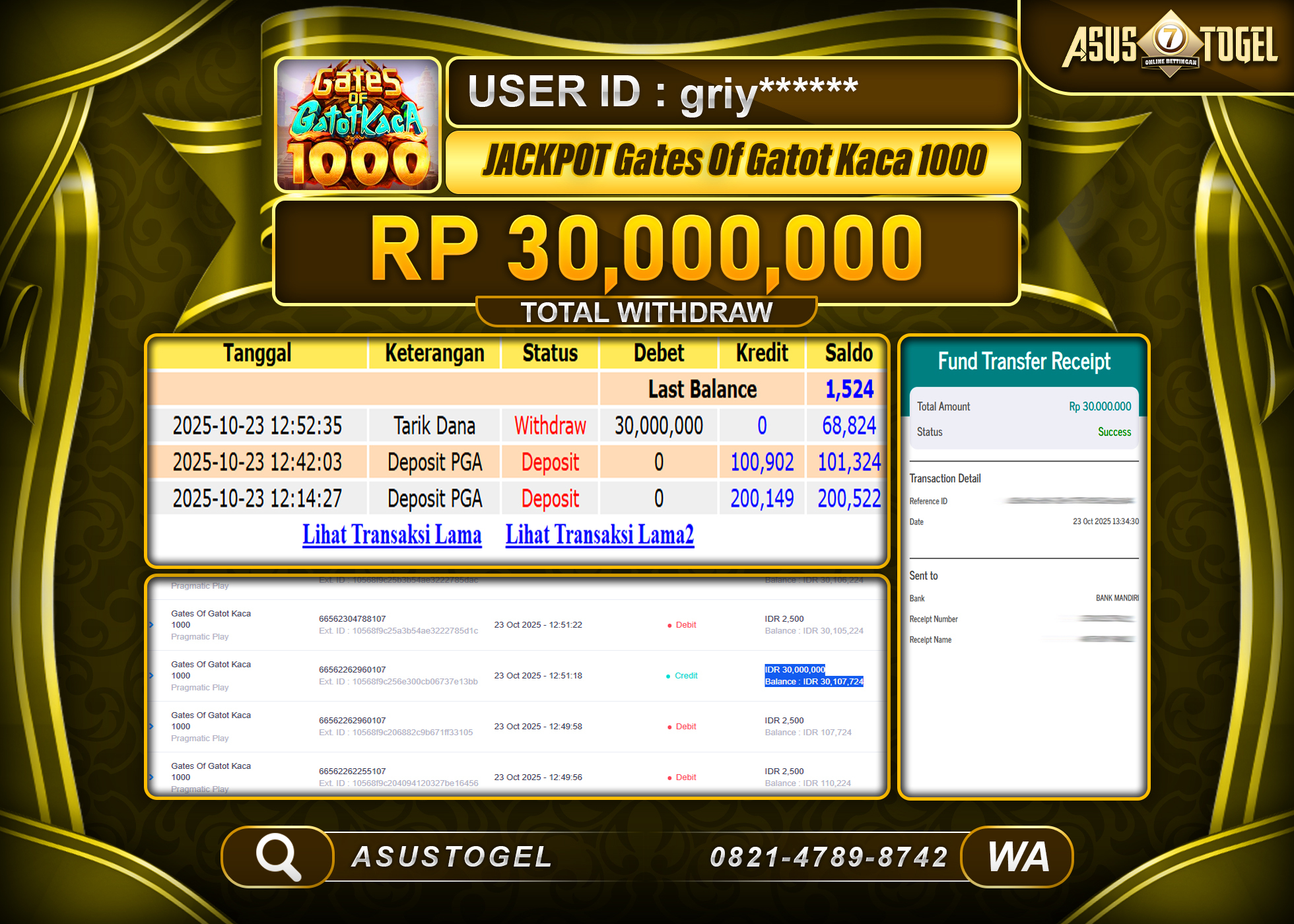 ASUSTOGEL KEMENANGAN DI GATES OF GATOT KACA 1000 SEBESAR 30,000,000- RUPIAH LUNAS !