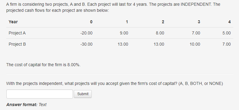 Solved A Firm Is Considering Two Projects, A And B. Each | Chegg.com