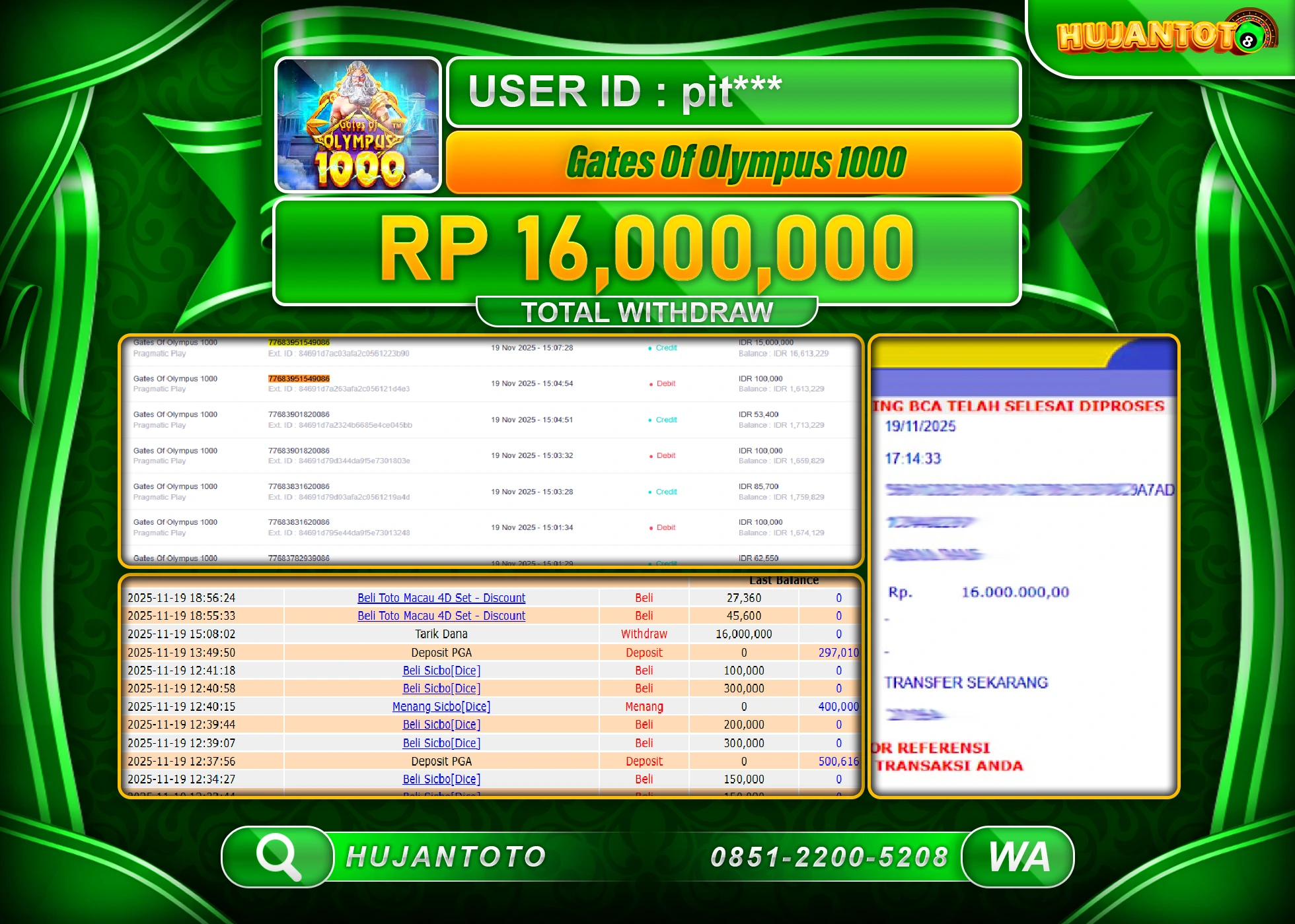 HUJANTOTO - BUKTI JACKPOT MENANG SLOT GATES OF OLYMPUS 1000 Rp.16,000,000 - TERBAYAR LUNAS