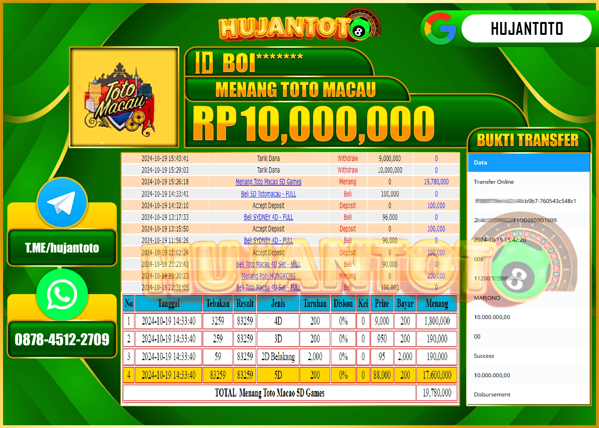 HUJANTOTO MENANG DI PERMAINAN TOTO MACAU 4D SEBESAR - 10,000,000 - TERBAYAR LUNAS