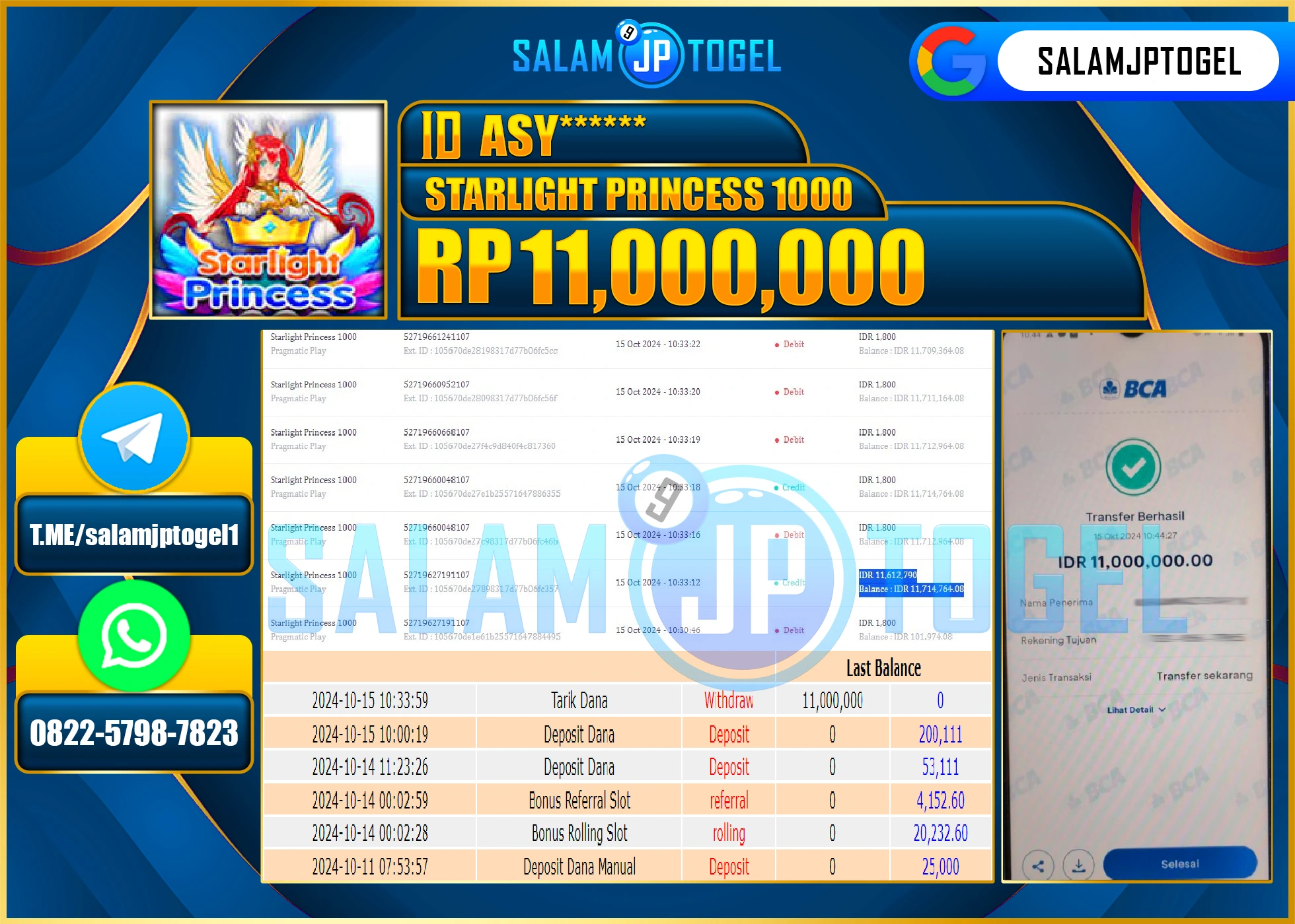 SALAMJPTOGEL MENANG SLOT STARLIGHT PRINCESS 1000 RP. 11,000,000 LUNAS