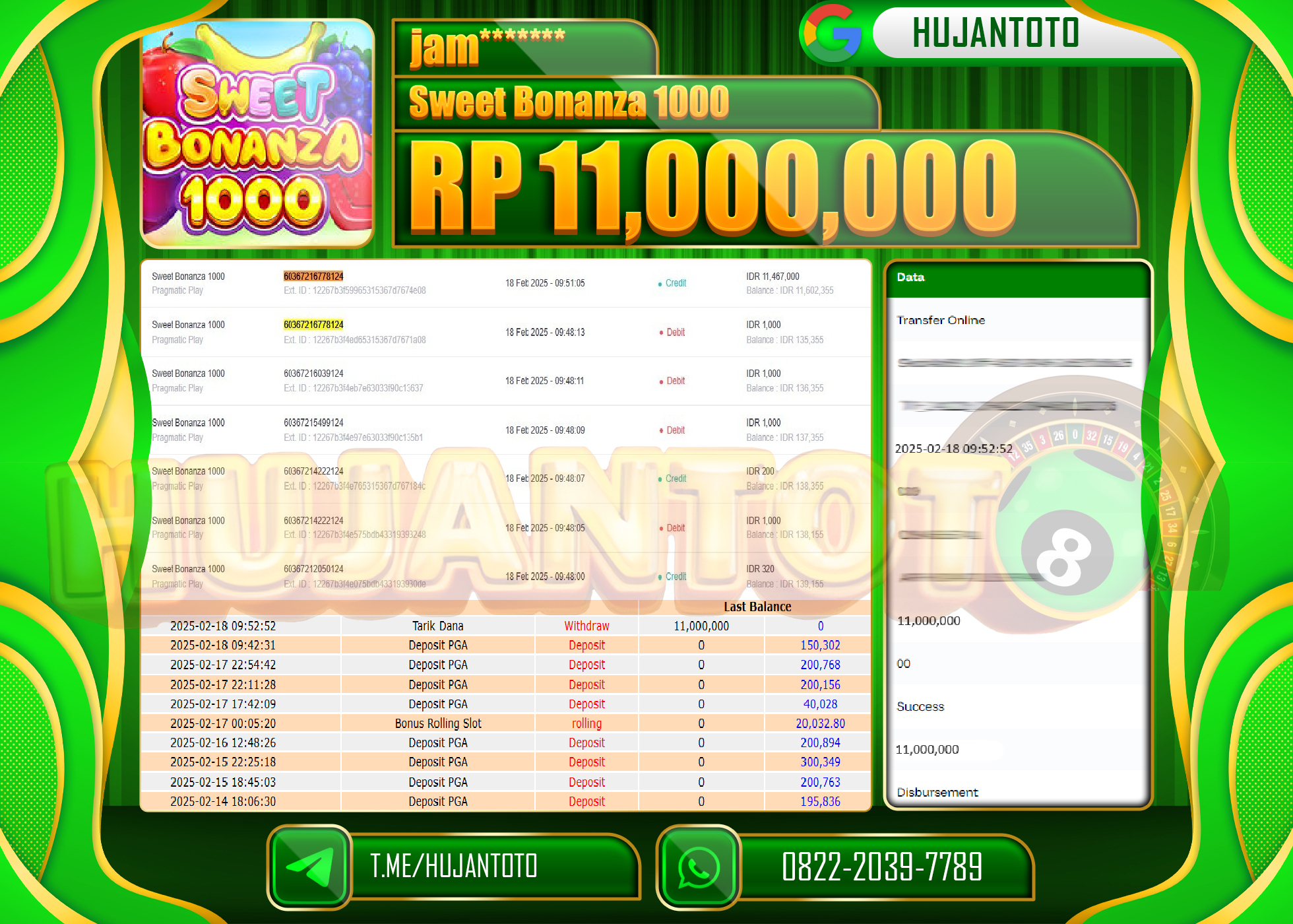 HUJANTOTO - BUKTI JACKPOT MENANG SLOT SWEET BONANZA 1000 Rp,11,000,000 - TERBAYAR LUNAS