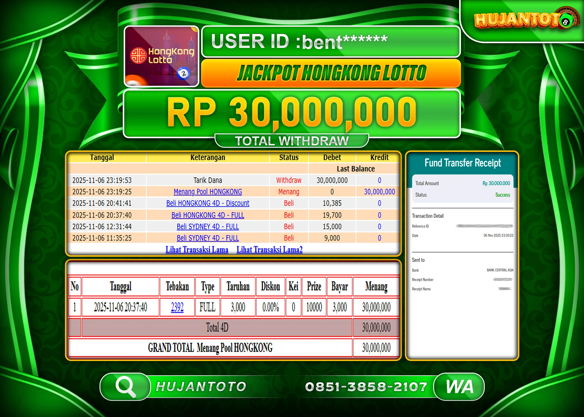 HUJANTOTO - BUKTI JACKPOT MENANG TOGEL HONGKONG LOTTO Rp.30,000,000 - TERBAYAR LUNAS