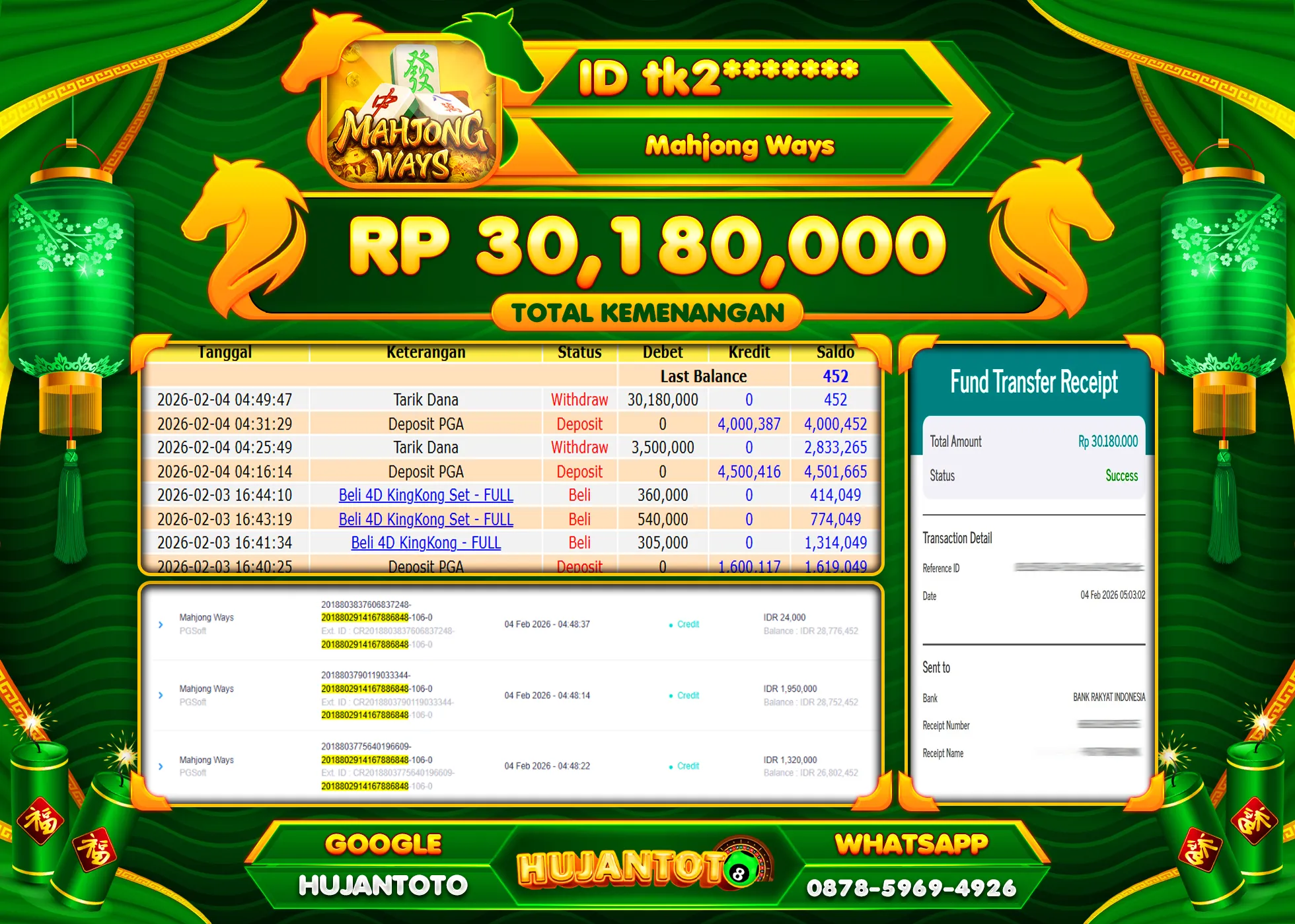 HUJANTOTO - BUKTI JACKPOT MENANG SLOT MAHJONG WAYS  Rp.30,180,000 - TERBAYAR LUNAS